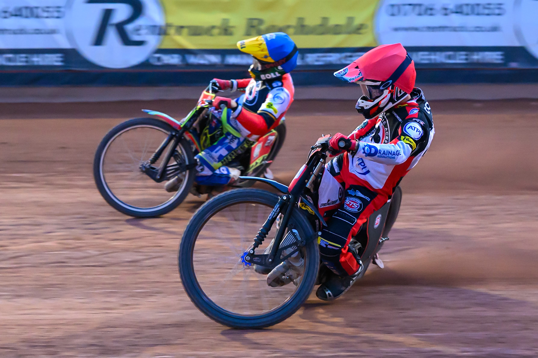 Zach Cook of Belle Vue Aces in Red on the inside of Mitch McDiarmid, Guest Rider for Belle Vue Aces in Blue during the Rowe Motor Oil Premiership match between Belle Vue Aces and Leicester Lions at the National Speedway Stadium, Manchester on Monday 3rd August 2026. (Photo: Ian Charles | MI News)