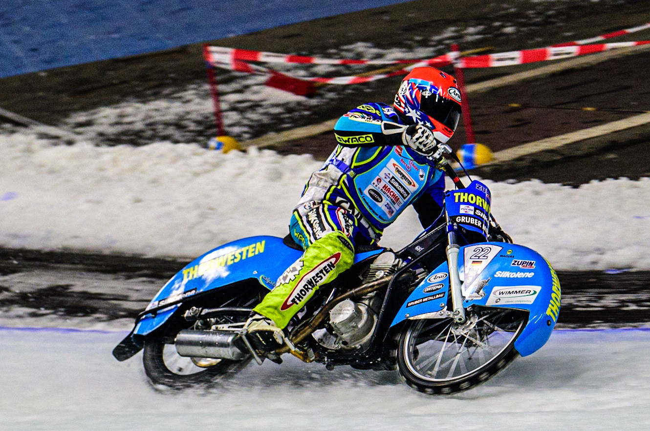 Günther Bauer takes his final competitive ride during the Race of Legends at the Max-Aicher-Arena, Inzell on Friday 17th March 2023. (Photo: Ian Charles | MI News)