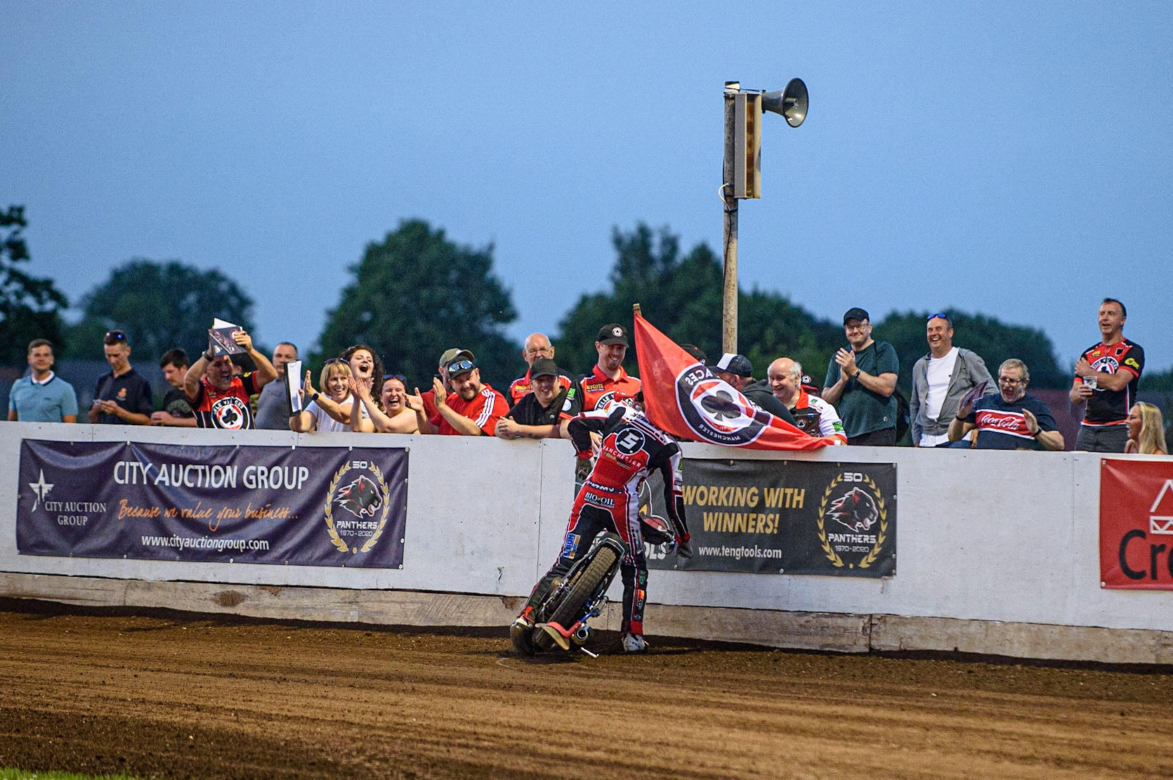 PETERBOROUGH, UK. JULY 19TH  The Aces’ fans congratulate Dan Bewley during the SGB Premiership match between Peterborough and Belle Vue Aces at East of England Showground, Peterborough on Monday 19th July 2021. (Credit: Ian Charles | MI News)