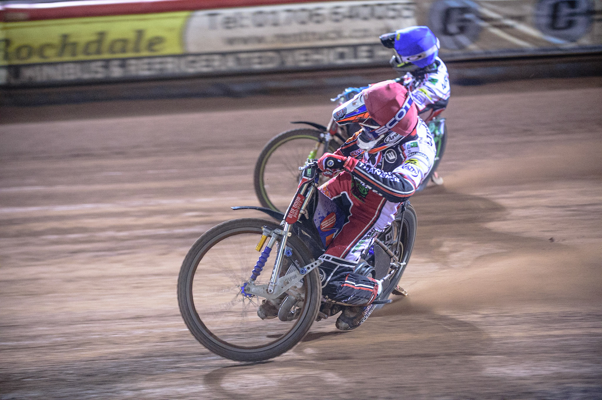 MANCHESTER, UK. OCT 11TH  Steve Worrall   (Red) inside team mate Charles Wright  (Blue) during the SGB Premiership Grand Final 1st Leg between Belle Vue Aces and Peterborough Panthers at the National Speedway Stadium, Manchester on Monday 11th October 2021. (Credit: Ian Charles | MI News)