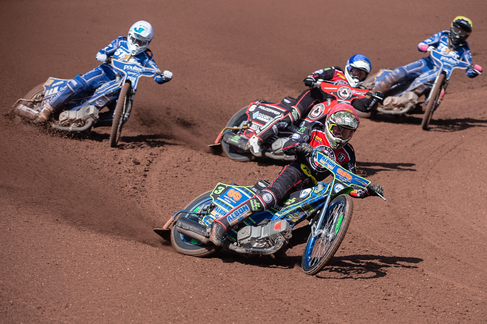 Photo: Ian Charles

Belle Vue Aces  Dan Bewley  (Red) on his way to breaking the track record leading Jaimon Lidsey  (Blue) Erik Riss  (White) and Thomas Jorgensen  (Yellow)


Belle Vue Aces v Kings Lynn Stars, British Speedway Premiership, Belle Vue National Speedway Stadium, Manchester, Monday 26  August  2019