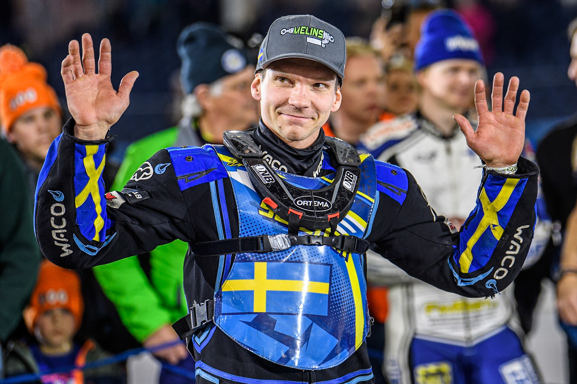 Martin Haarahiltunen (199) of Sweden celebrates his second Final win of the weekend during the FIM Ice Speedway Gladiators World Championship, Final 4 at the Ice Stadium, Thialf, Heerenveen on Sunday 6th April 2025. (Photo: Ian Charles | MI News)