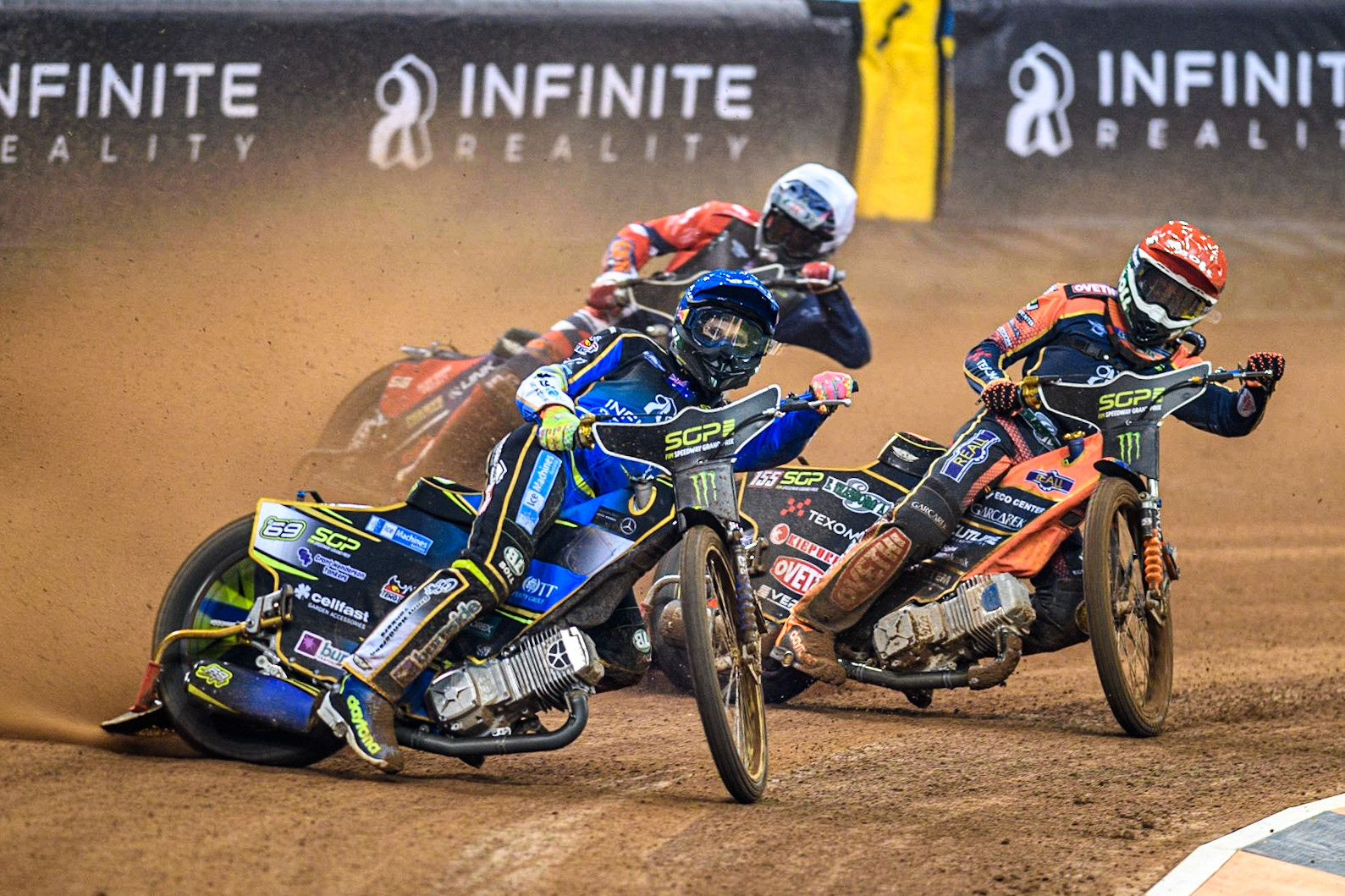 Jason Doyle (69) (Blue) leads  Mikkel Michelsen (155) (Red) and Steve Worrall (16) (White) during the FIM Speedway Grand Prix of Great Britain at the Principality Stadium, Cardiff on Saturday 2nd September 2023. (Photo: Ian Charles | MI News)
