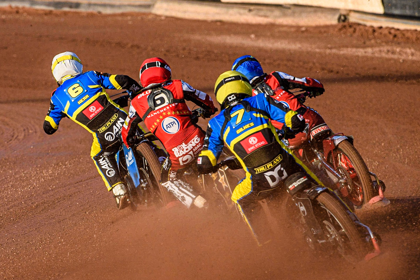 Dan Gilkes (Yellow) chases Norick Blodorn (Red), Connor Bailey (Blue) and Lewis Kerr (White) during the Sports Insure Premiership match between Belle Vue Aces and Sheffield Tigers at the National Speedway Stadium, Manchester on Monday 7th August 2023. (Photo: Ian Charles | MI News)