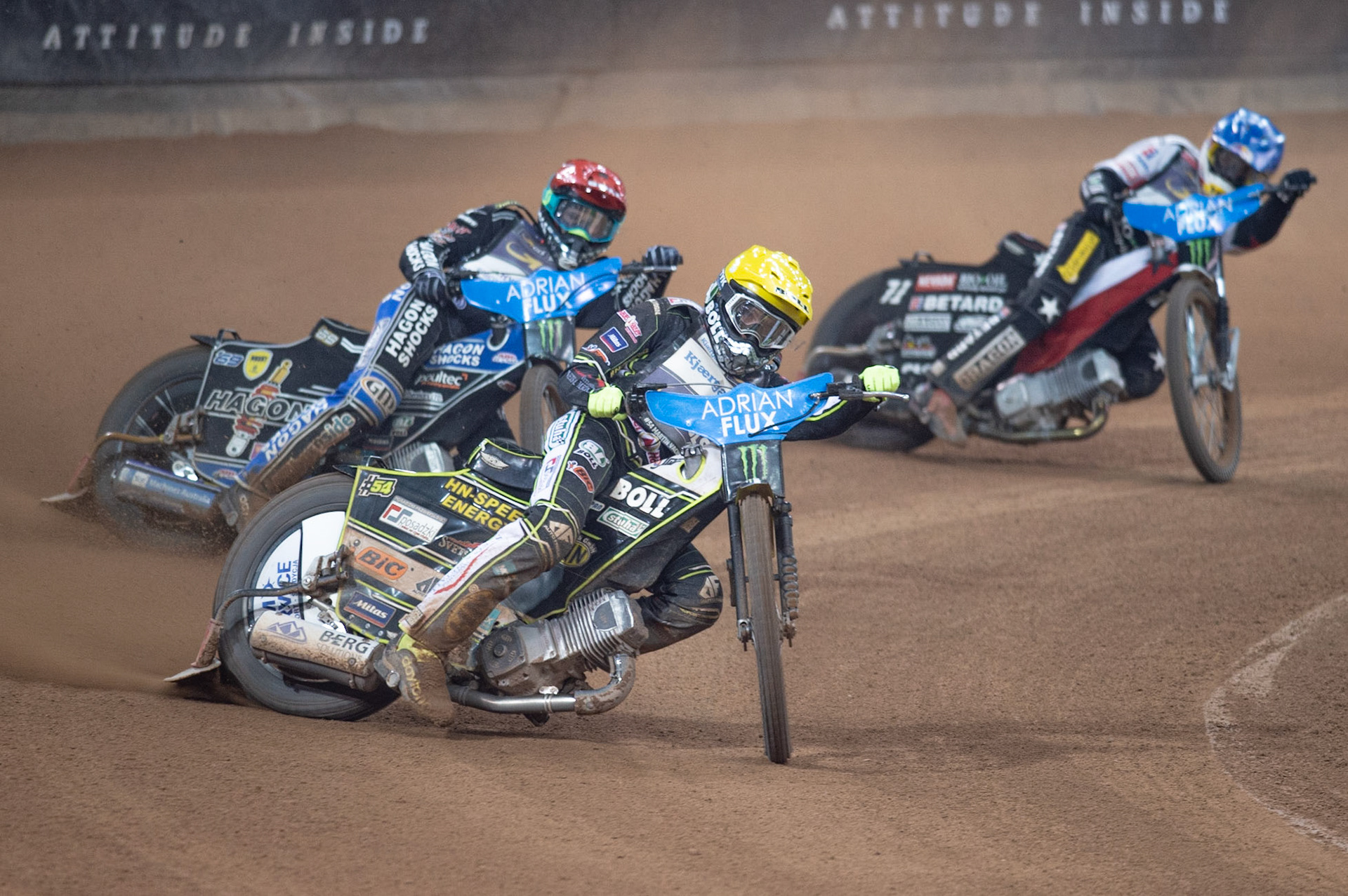 CARDIFF,WALES  Martin Vaculik (Yellow) leads Jason Doyle (Red) and Maciej Janowski (Blue) during the ADRIAN FLUX BRITISH FIM SPEEDWAY GRAND PRIX at the Principality Stadium, Cardiff on Saturday 21st September 2019. (Credit: Ian Charles | MI News)