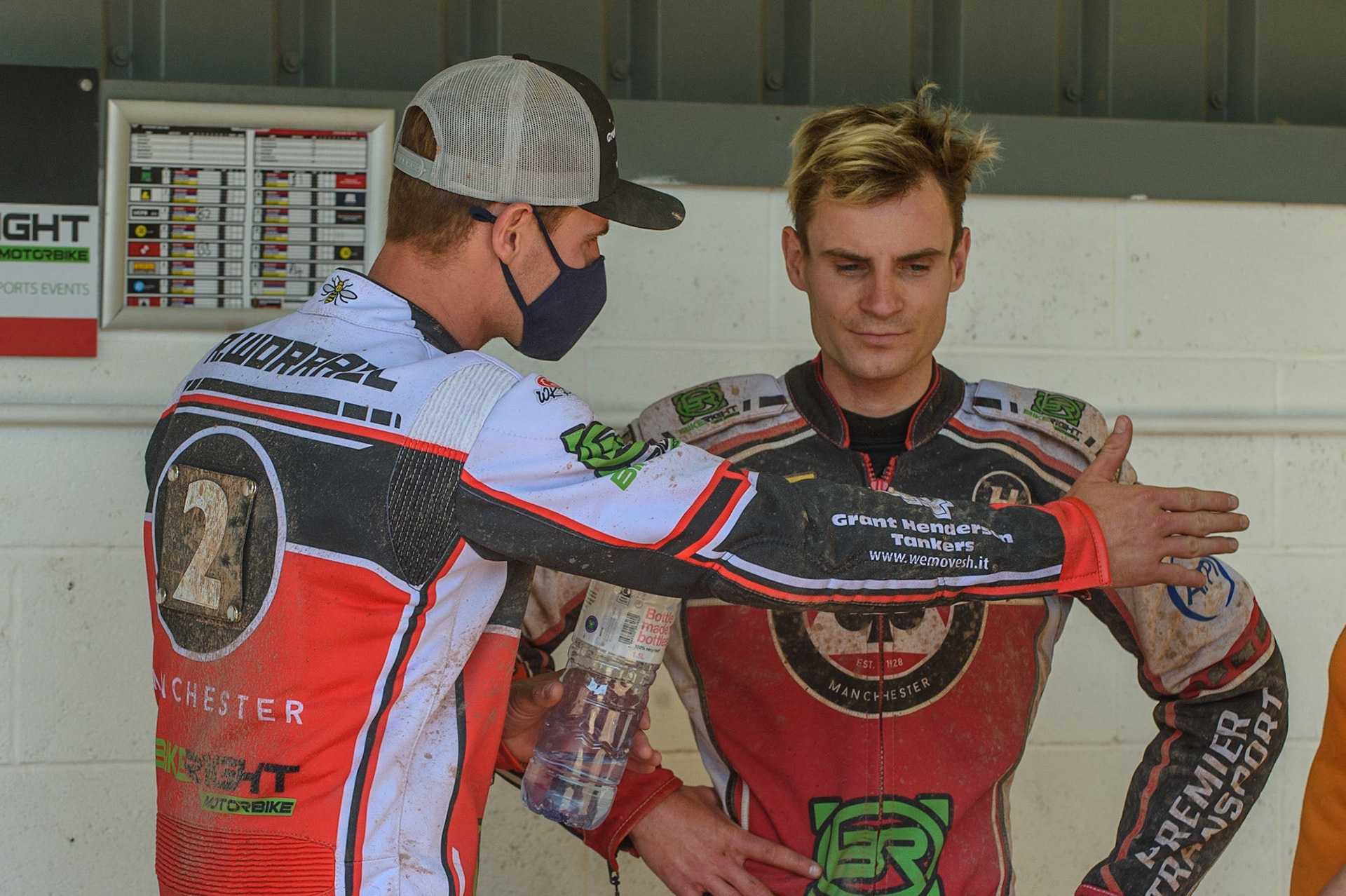 MANCHESTER, UK. MAY 31ST  Richie Worrall  (left) chats with brother Steve during the SGB Premiership match between Belle Vue Aces and Peterborough at the National Speedway Stadium, Manchester on Monday 31st May 2021. (Credit: Ian Charles | MI News)