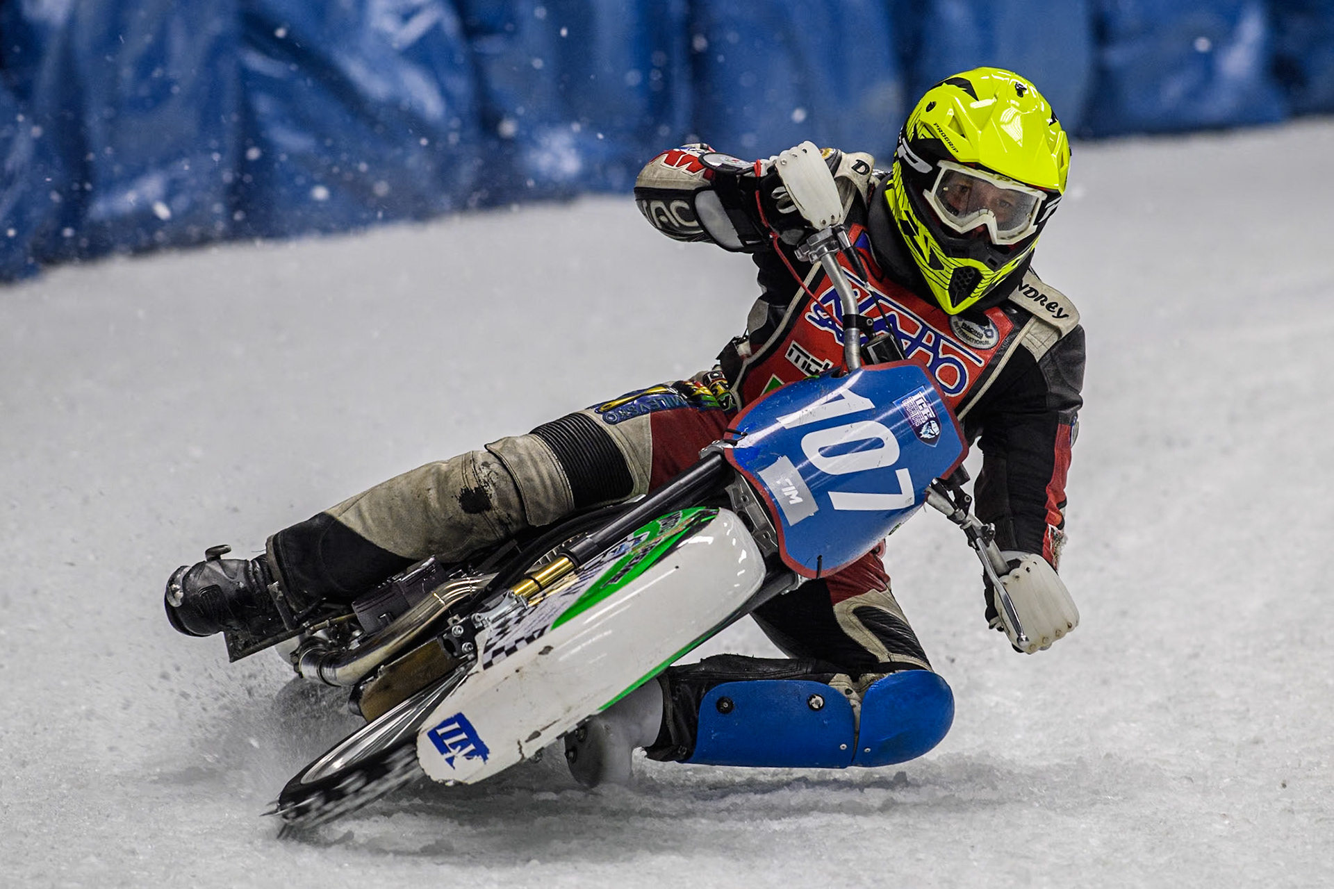 Czech Republic's Andrej Diviš (107) in action during the FIM Ice Speedway Gladiators World Championship Final 1 at the Max-Aicher-Arena, Inzell on Saturday 23 March 2024. (Photo: Ian Charles | MI News)