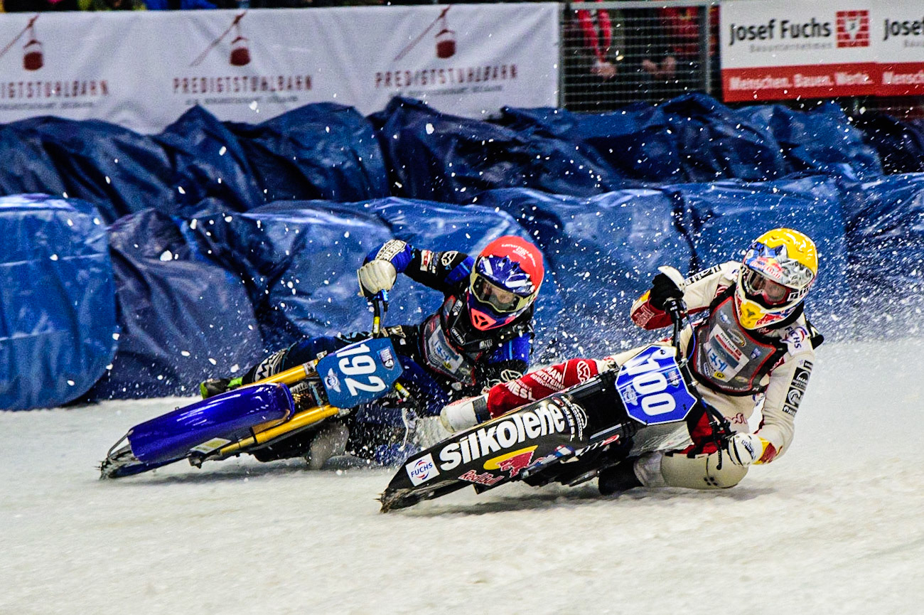 Franz Zorn (100) (Yellow) passes Niclas Svensson (192) (Red) during the Ice Speedway Gladiators World Championship Final 2 at Max-Aicher-Arena, Inzell, Germany on Sunday 19th March 2023. (Photo: Ian Charles | MI News)