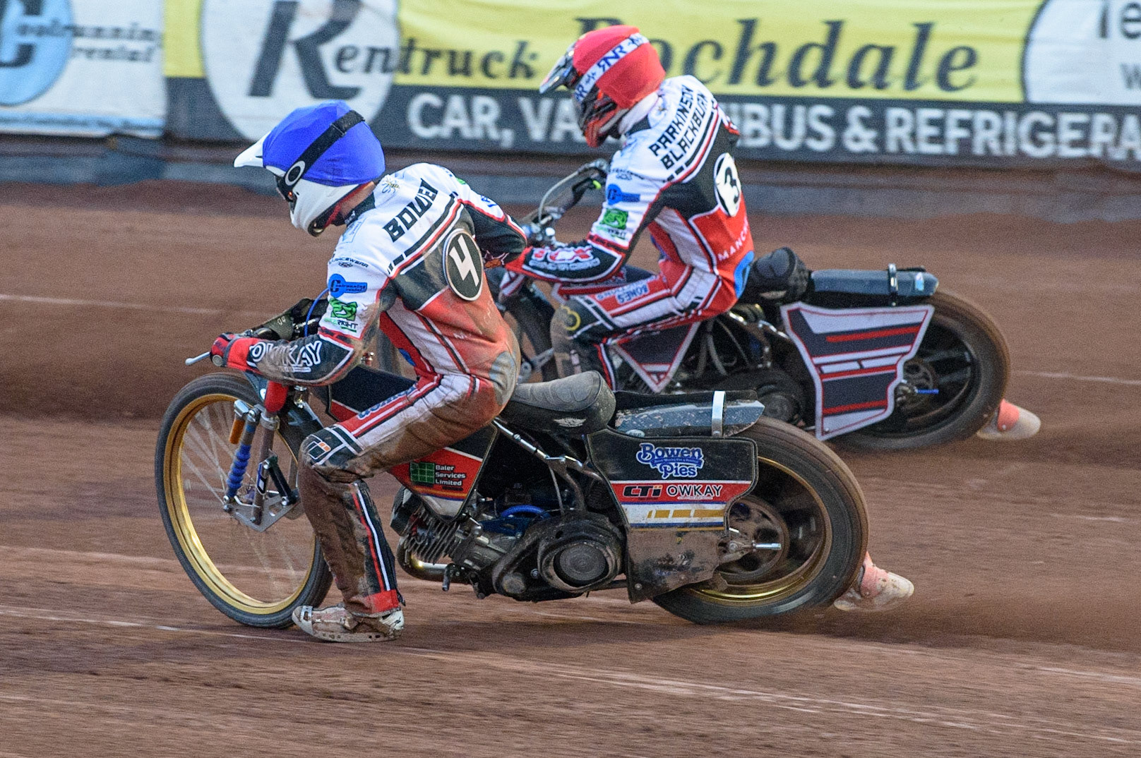 MANCHESTER, UK. JULY 29TH   Paul Bowen  (Blue) inside Jack Parkinson-Blackburn  (Red) during the National Development League match between Belle Vue Colts and Leicester Lion Cubs at the National Speedway Stadium, Manchester on Thursday 29th July 2021. (Credit: Ian Charles | MI News)