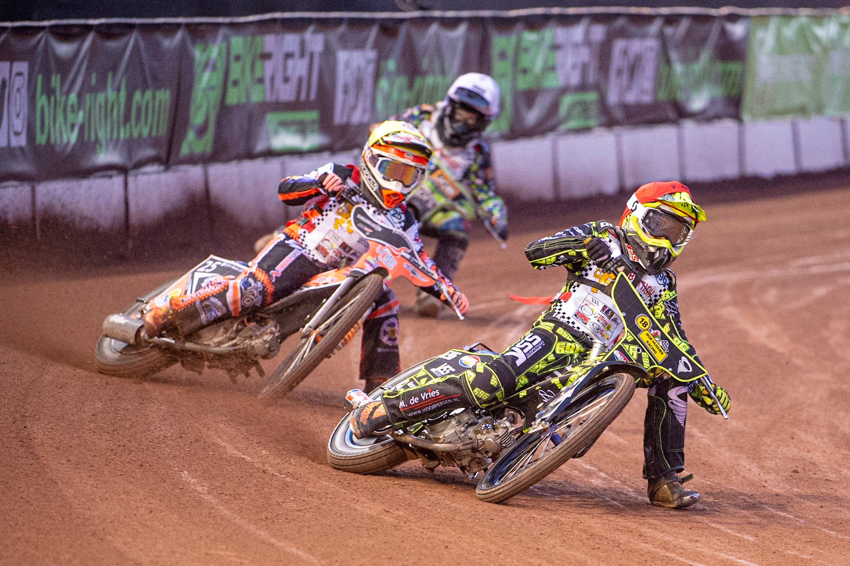 Photo: Ian CharlesAce Pijper (Red) leads Ben Trigger (Yellow) and William Cairns (White) (125cc A Class)British Youth Speedway Championship (Round 5), National Speedway Stadium, Manchester Saturday  10  October  2020