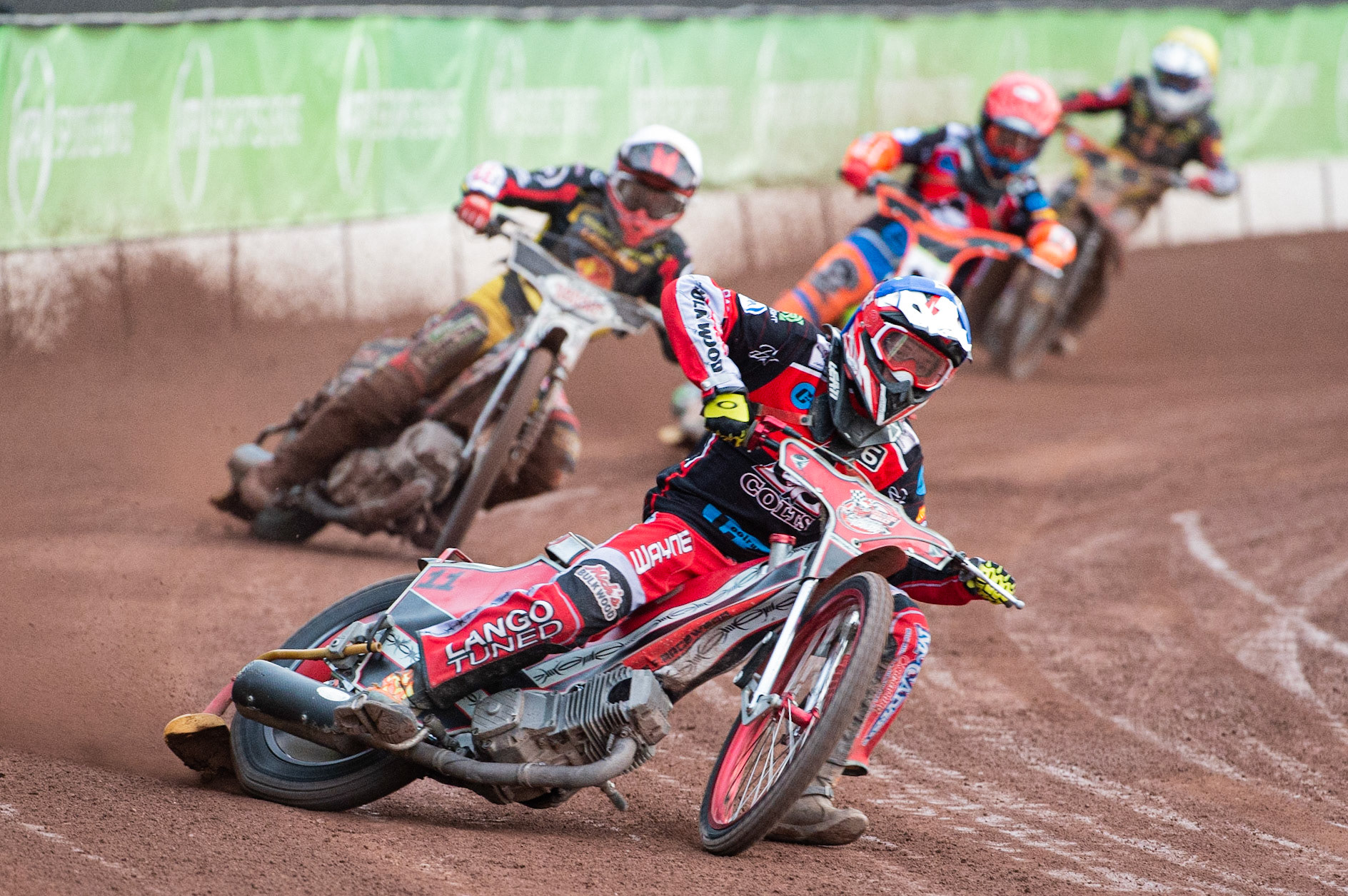 Photo: Ian Charles

Belle Vue Colts  Connor Bailey  (Blue) leads Joe Lawlor  (White) Jordan Palin  (Red) and Dan Thomson  (Yellow)

Belle Vue Colts v Leicester Cubs, SGB National League, Belle Vue National Speedway Stadium, Manchester, Thursday 8  August  2019