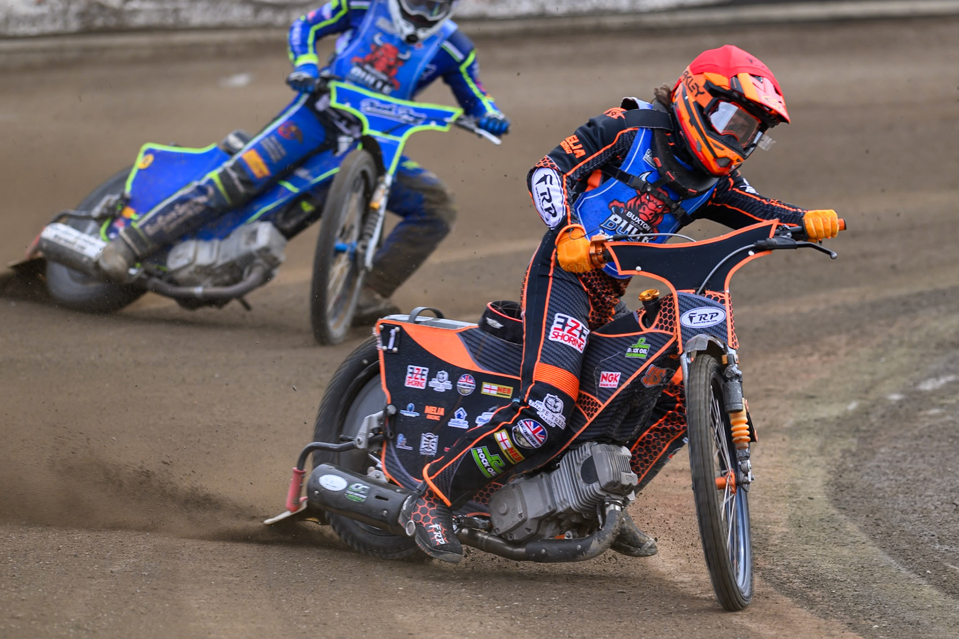 Jack Smith of Buxton Bulls gets out os shape whilst leading  team mate Arran Butcher of Buxton Bulls during the WSRA National Development League match  between Buxton Bulls and Middlesborough Tigers at Hi-Edge Speedway, Buxton on Sunday 16th August 2026. (Photo: Ian Charles | MI News)
