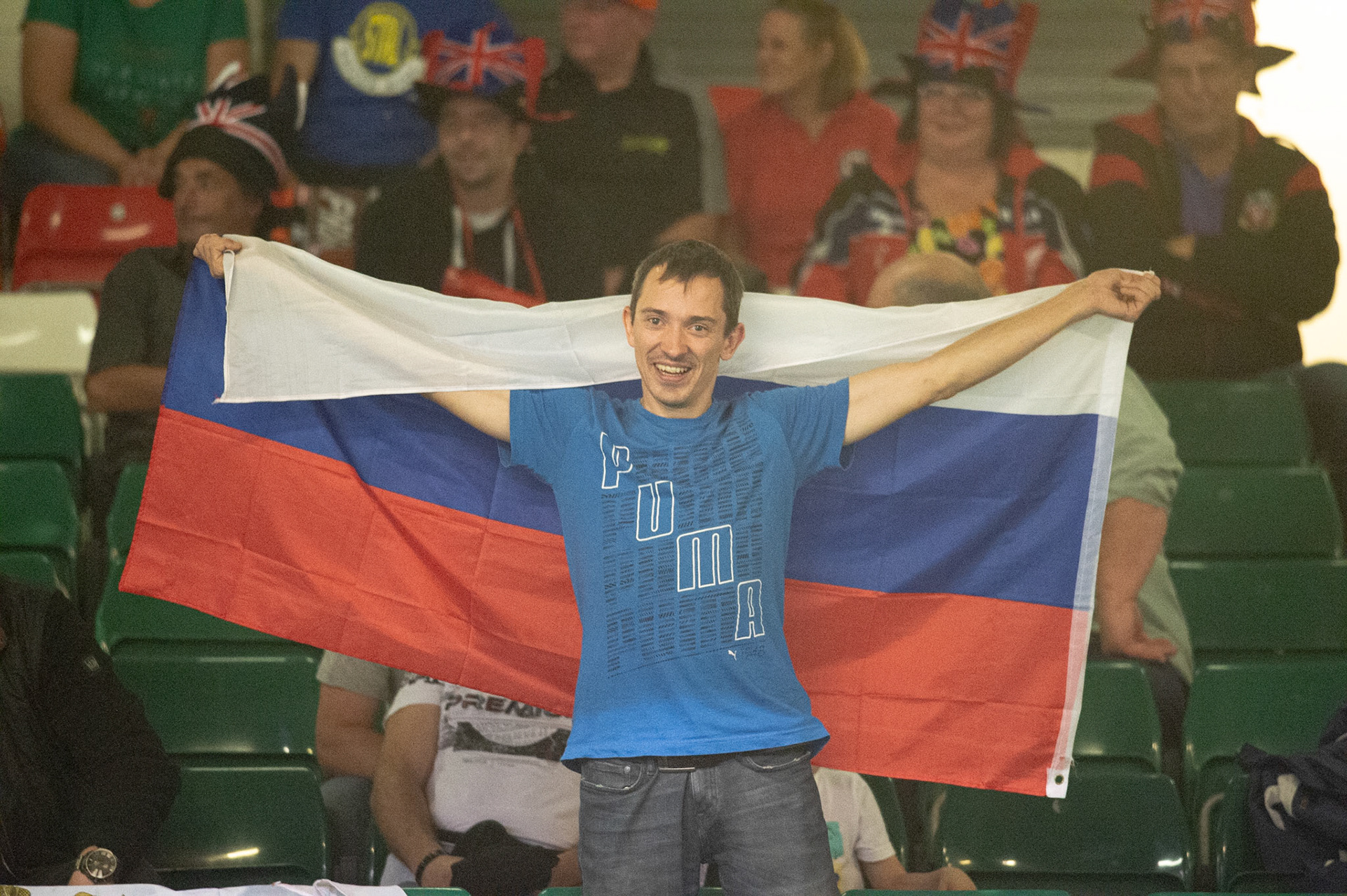 CARDIFF,WALES Russia Fan during the ADRIAN FLUX BRITISH FIM SPEEDWAY GRAND PRIX at the Principality Stadium, Cardiff on Saturday 21st September 2019. (Credit: Ian Charles | MI News)