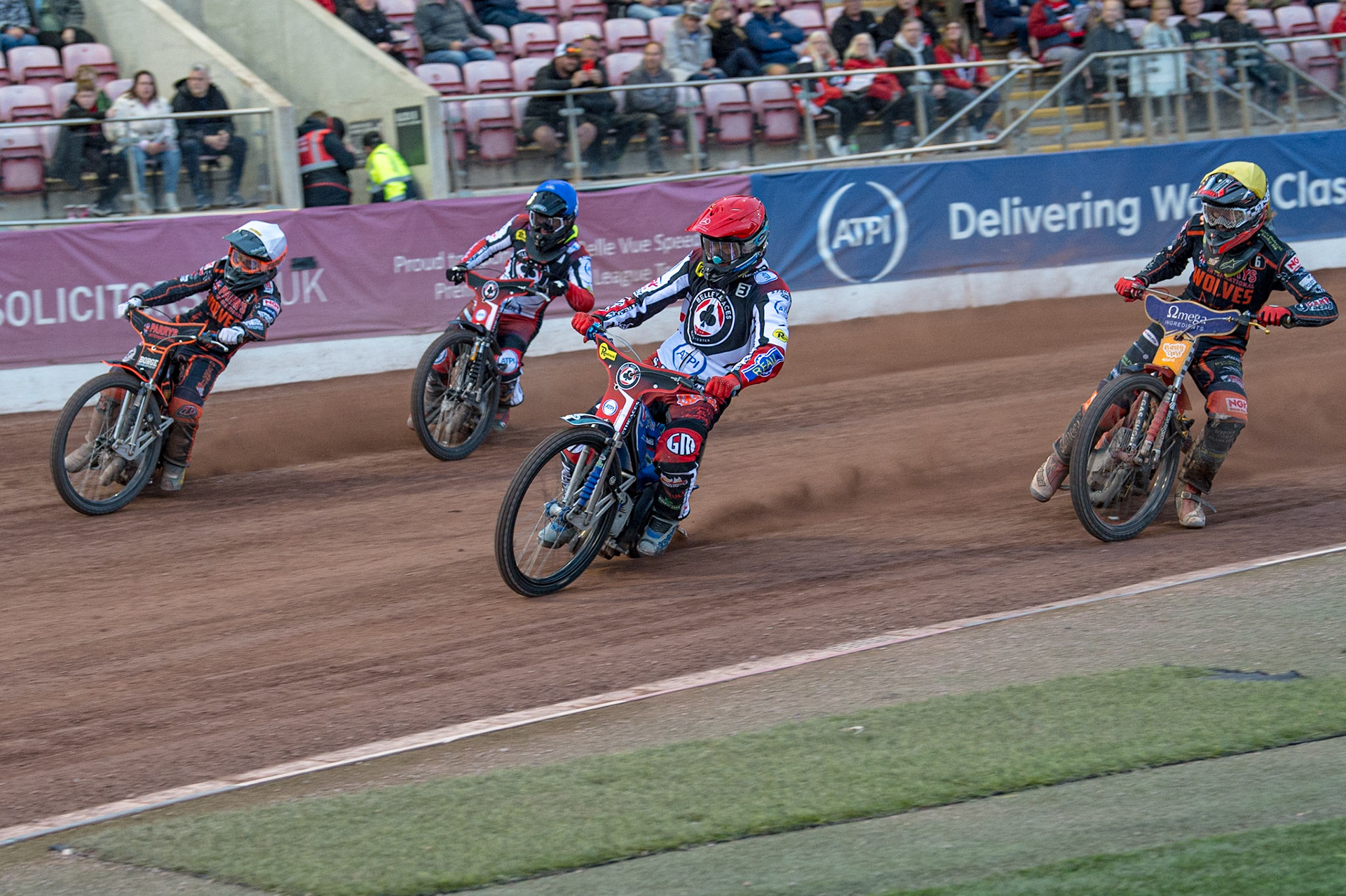MANCHESTER, UK. JUN 13TH  Max Fricke  (Red) inside Luke Becker  (White) with Tom Brennan  (Blue) and Drew Kemp  (Yellow) behind during the SGB Premiership match between Belle Vue Aces and Wolverhampton  Wolves at the National Speedway Stadium, Manchester on Monday 13th June 2022. (Credit: Ian Charles | MI News)