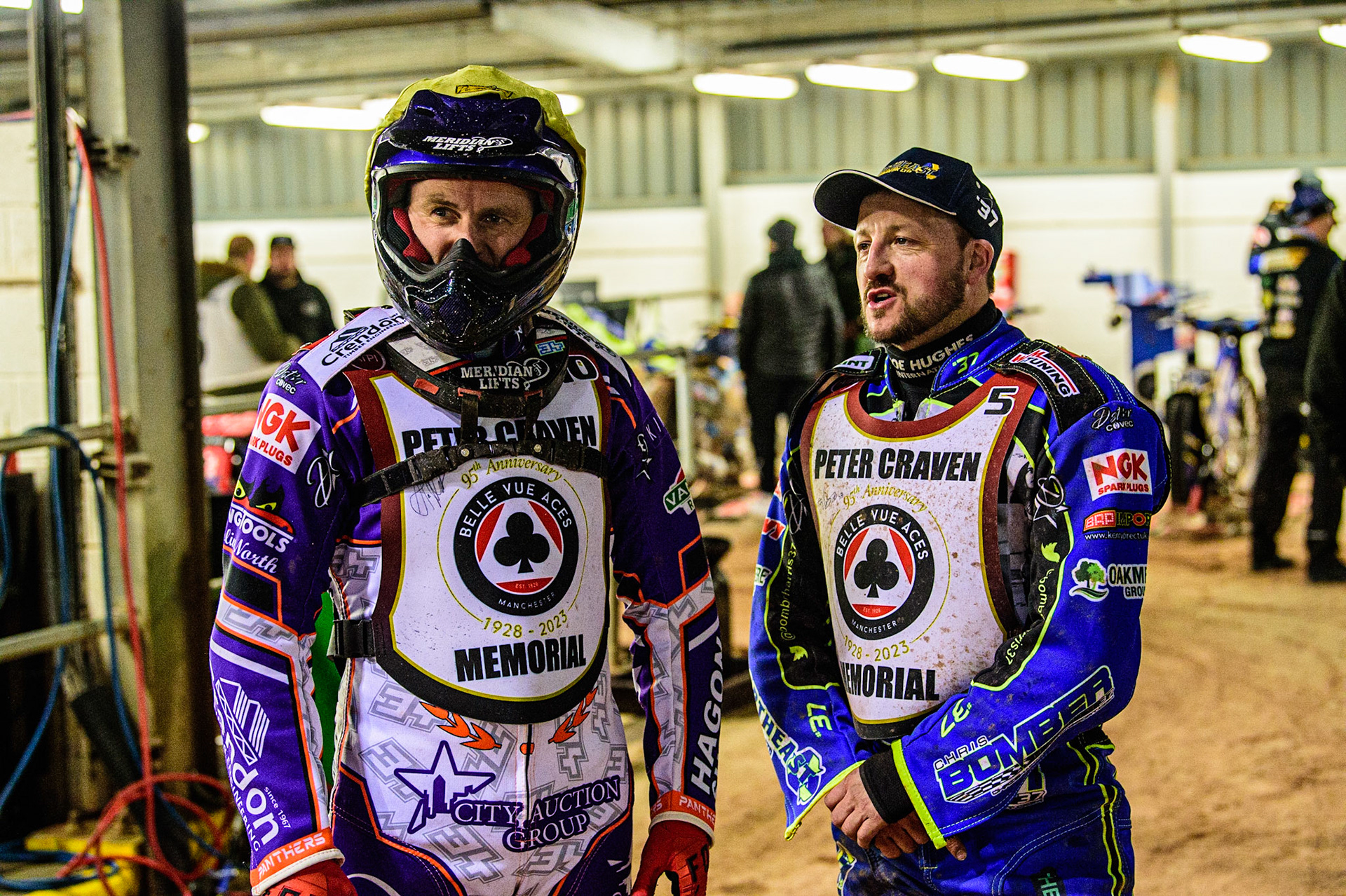 Hans Andersen  (left) with Chris Harris  during the Peter Craven Memorial Trophy  at the National Speedway Stadium, Manchester on Monday 3rd April 2023. (Photo: Ian Charles | MI News)