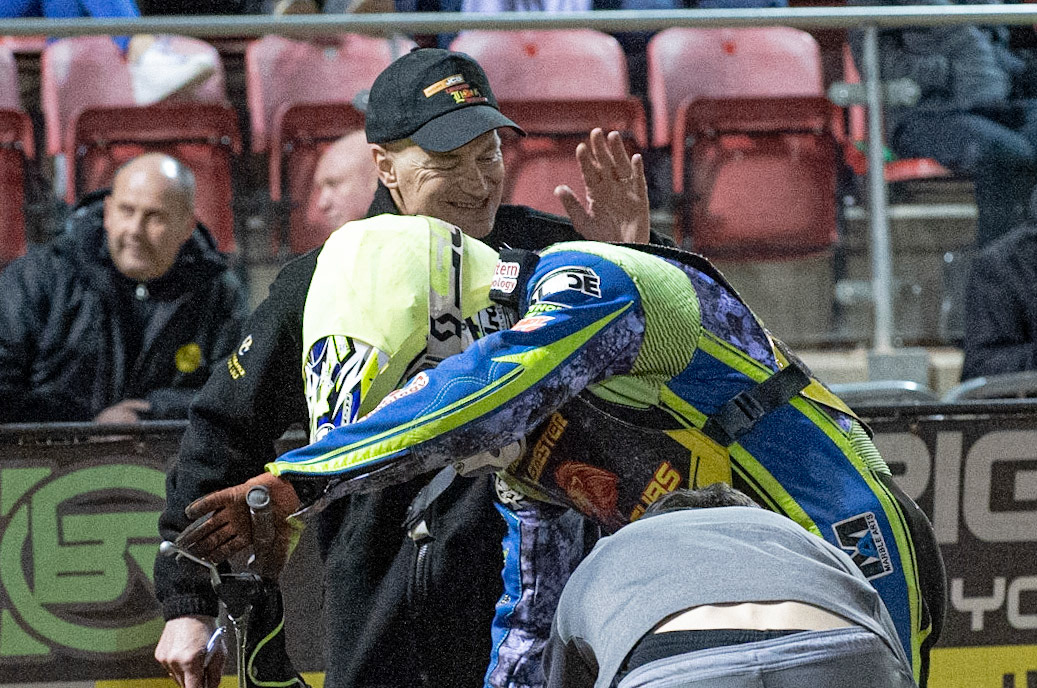 Photo: Ian Charles

Leicester Cubs  team manager David Howard congratulates Danyon Hume  after his Cup winning ride

Belle Vue Colts v Leicester Lion Cubs, SGB National League KO Cup Final (2nd Leg), Belle Vue National Speedway Stadium, Manchester, Tuesday 29  October  2019