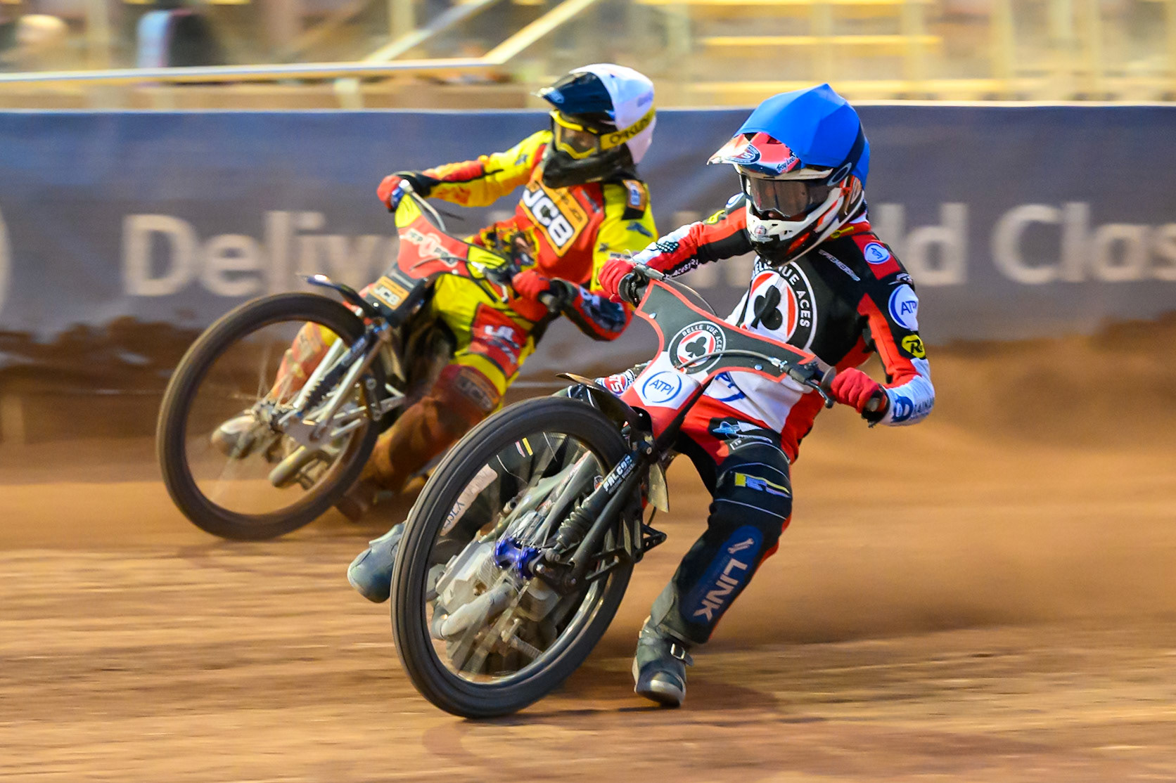 Zach Cook of Belle Vue Aces in Blue rides inside Ryan Douglas of Leicester Lions in White during the Rowe Motor Oil Premiership match between Belle Vue Aces and Leicester Lions at the National Speedway Stadium, Manchester on Monday 3rd August 2026. (Photo: Ian Charles | MI News)