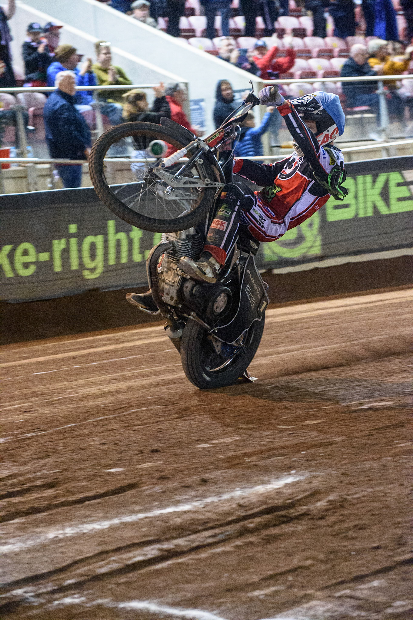 MANCHESTER, UK. SEPT 13TH  Dan Bewley wheelies during the SGB Premiership match between Belle Vue Aces and King's Lynn Stars at the National Speedway Stadium, Manchester on Monday 13th September 2021. (Credit: Ian Charles | MI News)