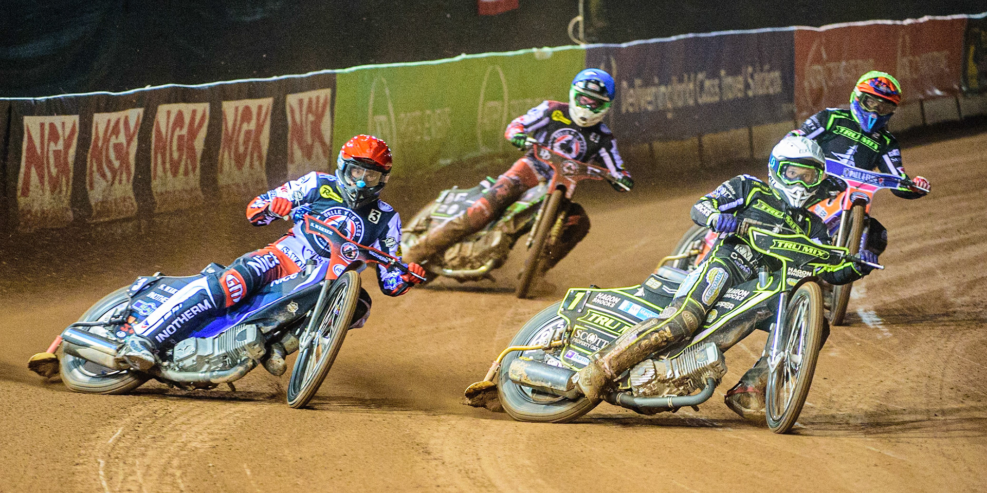 Jason Doyle  (White) leads Matej Zagar  (Red), Aaron Summers (Yellow) and Charles Wright  (Blue)during the SGB Premiership Semi Final 2nd Leg between Belle Vue Aces and Ipswich Witches at the National Speedway Stadium, Manchester on Monday 3rd October 2022. (Credit: Ian Charles | MI News)