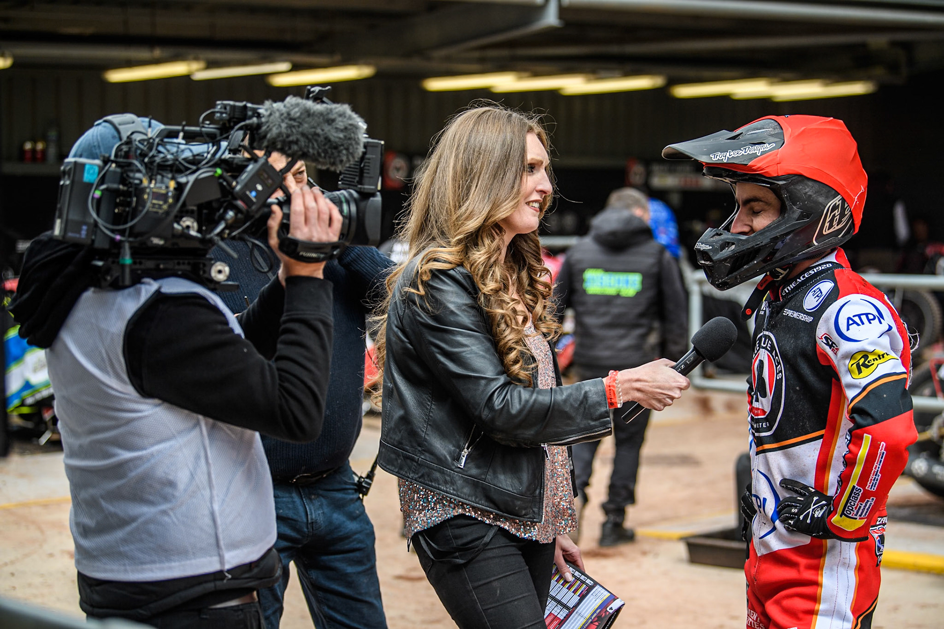 The BVTV crew interview Zach Cook of Belle Vue Aces (Right) during the Rowe Motor Oil Premiership match between Belle Vue Aces and Sheffield Tigers at the National Speedway Stadium, Manchester on Monday 5th May 2025. (Photo: Ian Charles | MI News)