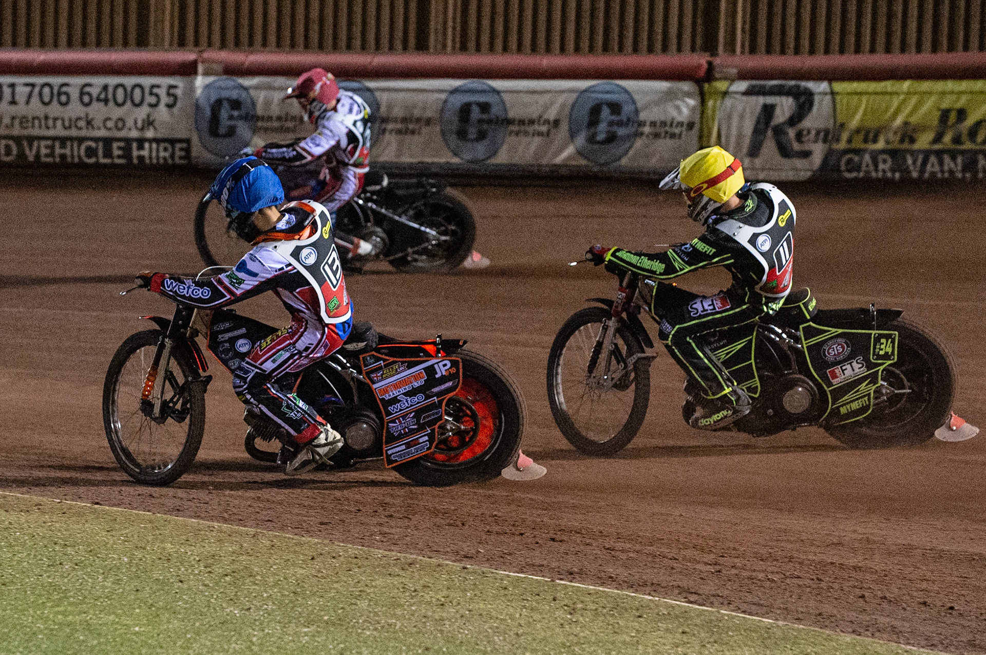 Photo: Ian CharlesJordan Palin (Blue) inside Steve Worrall (Red) and Jye Etheridge (Yellow)Peter Craven Memorial Trophy, National Speedway Stadium, Manchester Thursday  22  October  2020