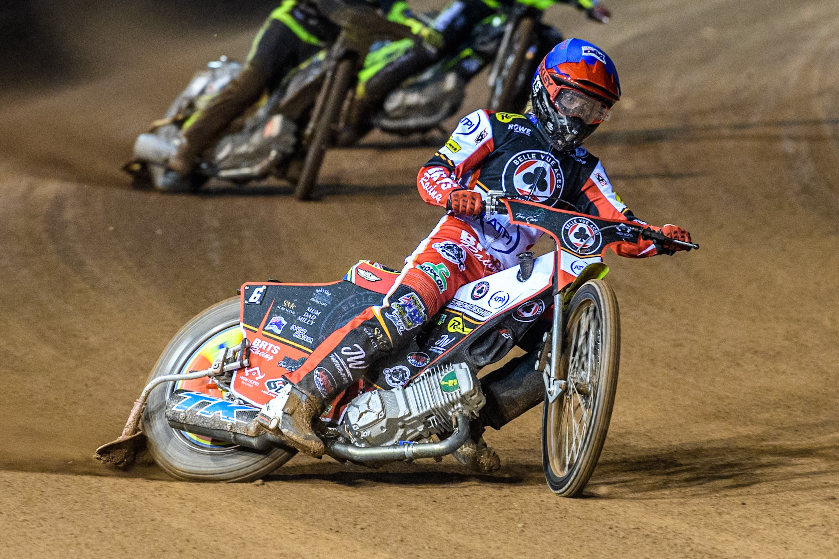 Tate Zischke of Belle Vue Aces  in action during the Premiership Cup Quarter Final 1st Leg match between Belle Vue Aces and Ipswich Witches at the National Speedway Stadium, Manchester on Monday 24th March 2025. (Photo: Ian Charles | MI News)