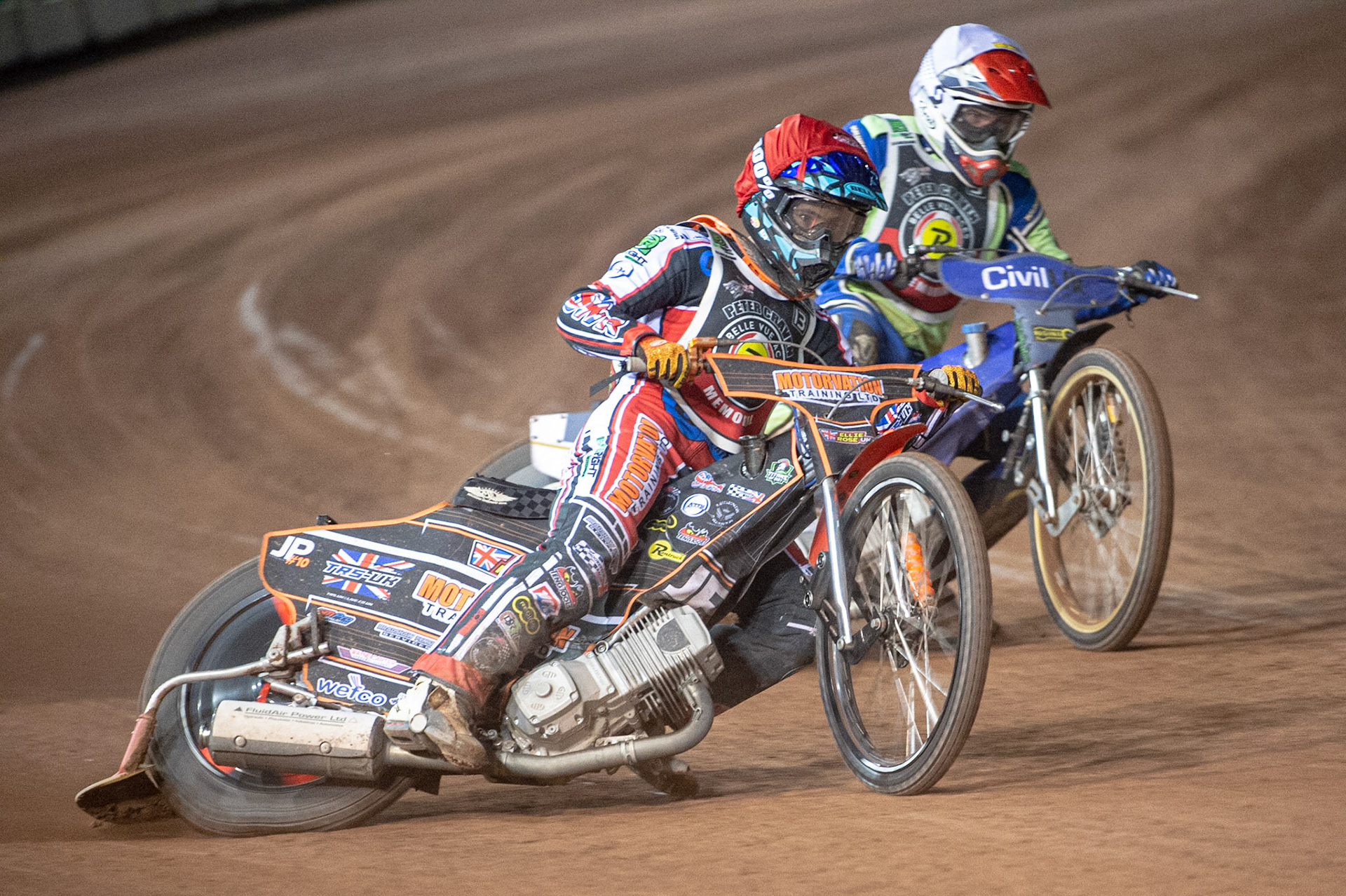 Photo: Ian CharlesJordan Palin (Red) outside Richie Worrall (White)Peter Craven Memorial Trophy, National Speedway Stadium, Manchester Thursday  22  October  2020