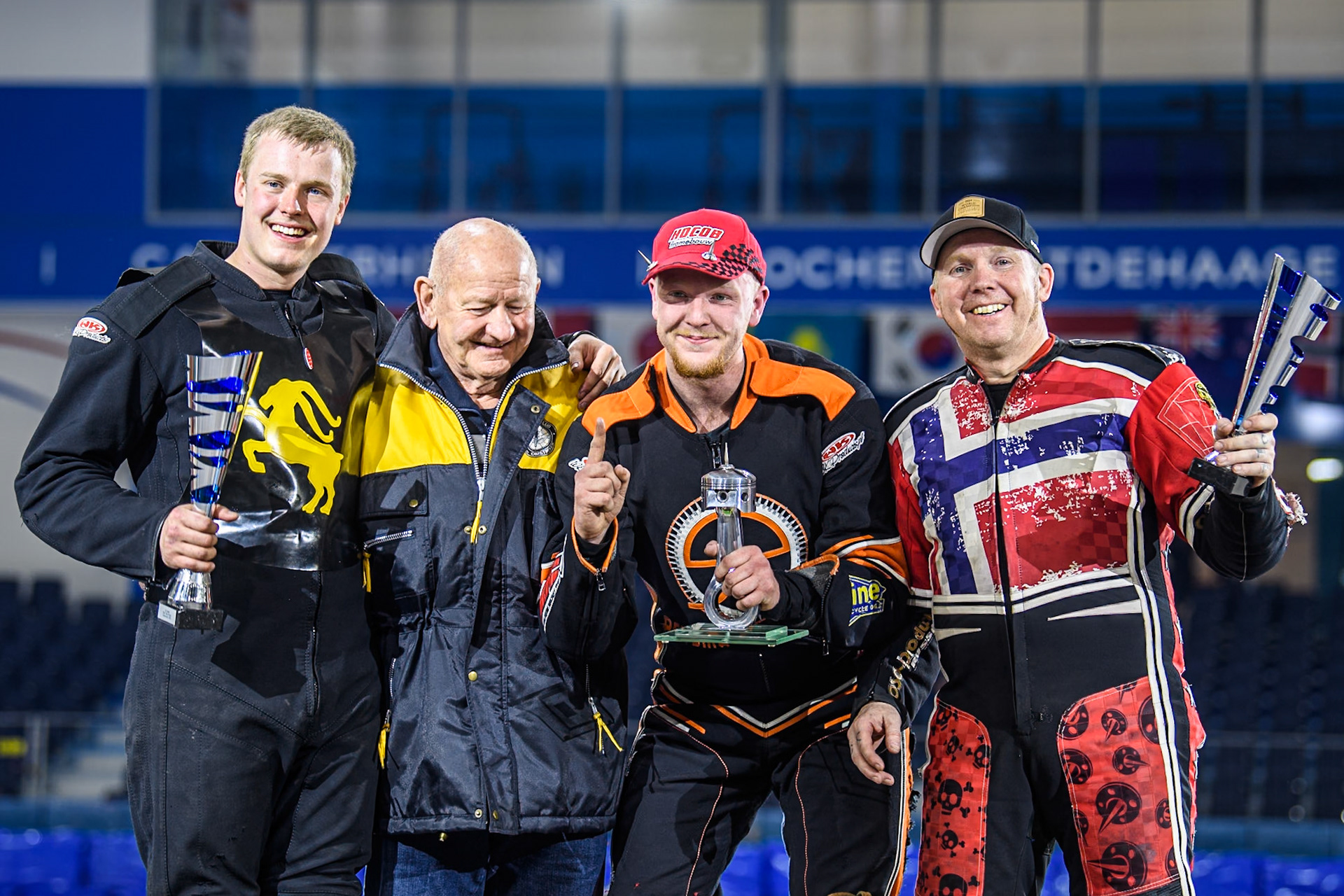Top3: (L to R) Leon Kramer of The Netherlands (2nd), Roelof Thijs, Sebastian Reitsma of The Netherlands (Winner) and Jo Saetre of Norway (3rd) during the Roelof Thijs Bokaal, Ice Rink Thialf, Heerenveen, Netherlands on Friday 4th April 2025. (Photo: Ian Charles | MI News)