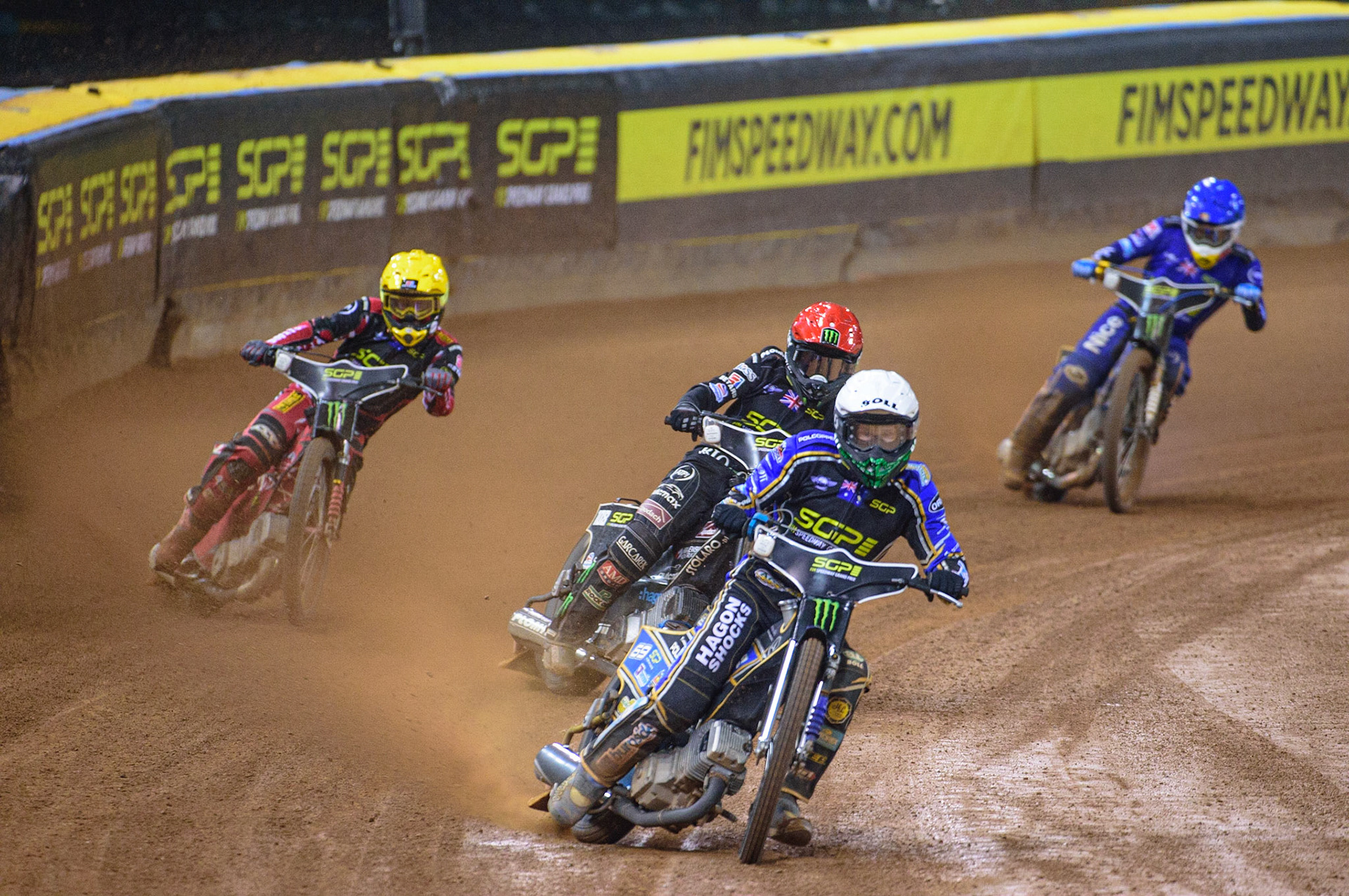 Jason Doyle (69) (White) leads Tai Woffinden (108) (Red) Max Fricke (46) (Yellow) and  Robert Lambert (505) (Blue) during the FIM  Speedway Grand Prix of Great Britain at the Principality Stadium, Cardiff on Saturday 13th August 2022. (Credit: Ian Charles | MI News