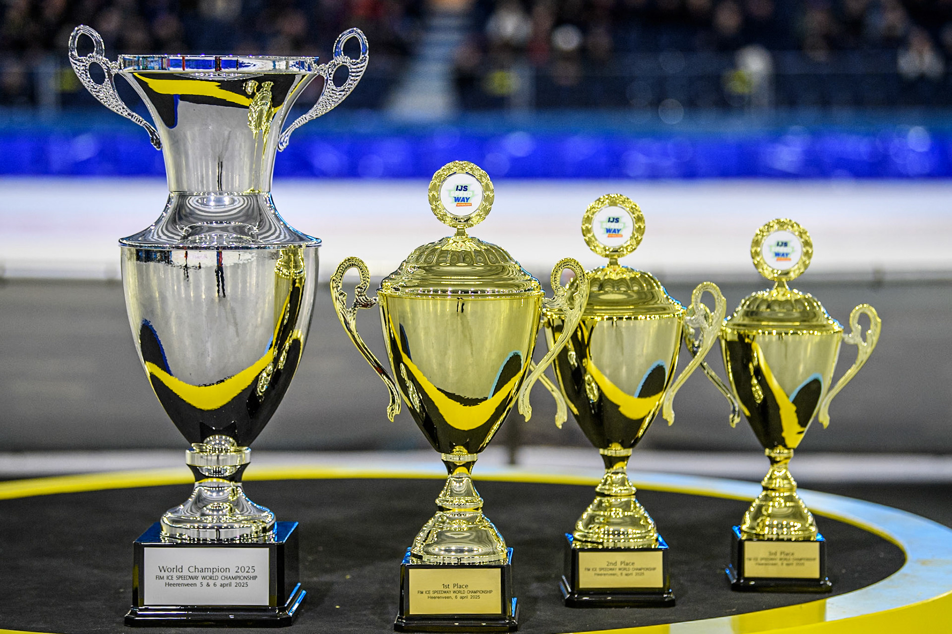 The Trophies for the World Champion (Left) and the the Sunday Top 3 during the FIM Ice Speedway Gladiators World Championship, Final 4 at the Ice Stadium, Thialf, Heerenveen on Sunday 6th April 2025. (Photo: Ian Charles | MI News)