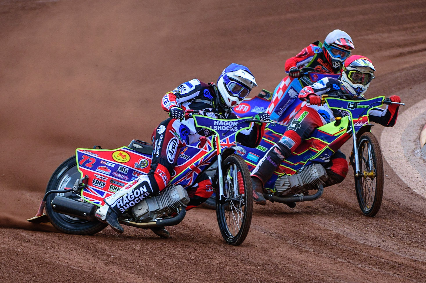Jake Mulford  (Blue) and Nathan Ablitt  (Red) lead Jacob Fellows (White) during the National Development League match between Belle Vue Colts and Mildenhall Fens Tigers at the National Speedway Stadium, Manchester on Friday 15th July 2022. (Credit: Ian Charles | MI News)