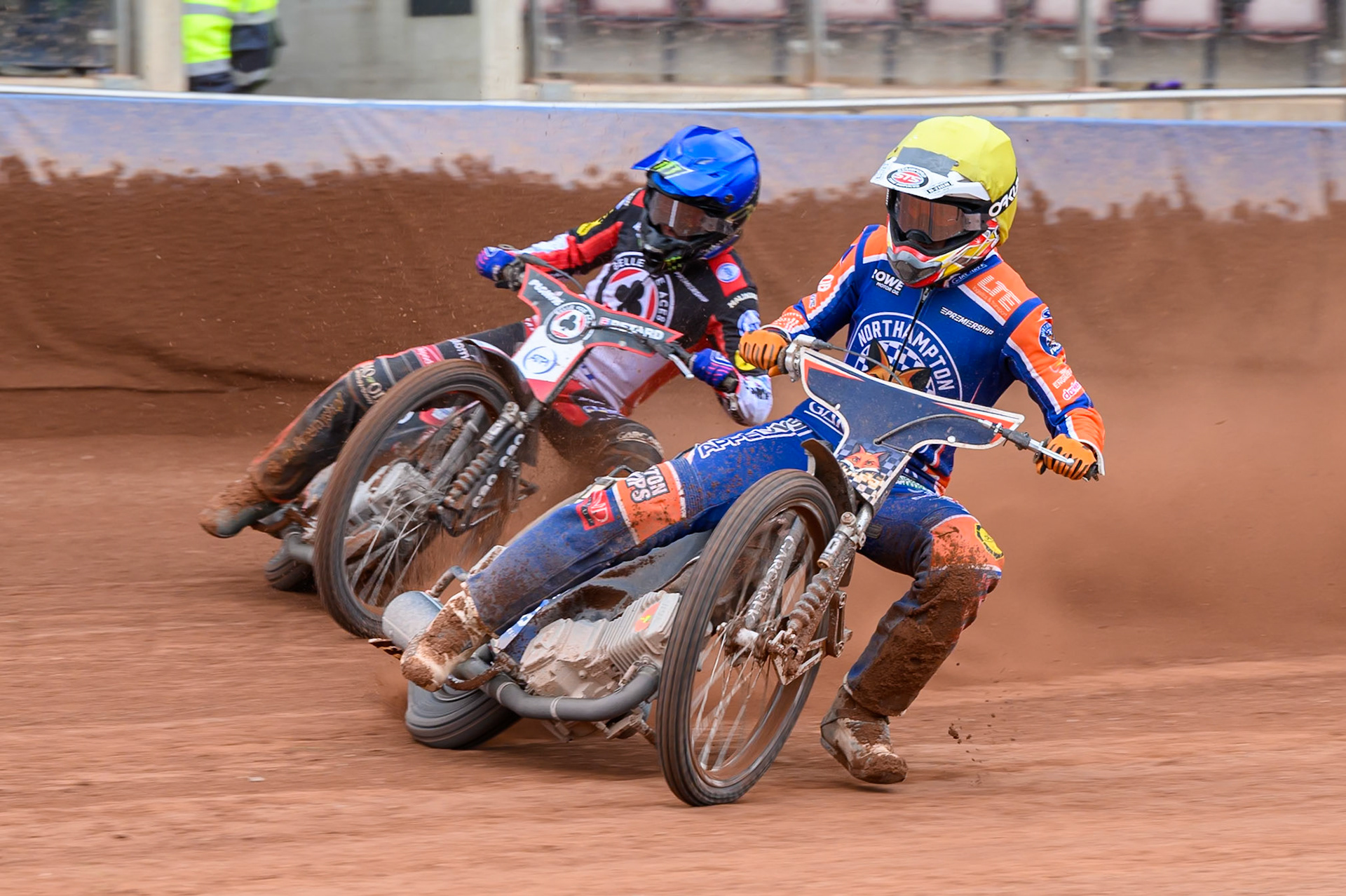 Nicolai Klindt of Northampton Foxes  leading Dan Bewley of Belle Vue Aces  in Blue during the Rowe Motor Oil Premiership match between Belle Vue Aces and Northampton Foxes at the National Speedway Stadium, Manchester on Monday 4th May 2026. (Photo: Ian Charles | MI News)