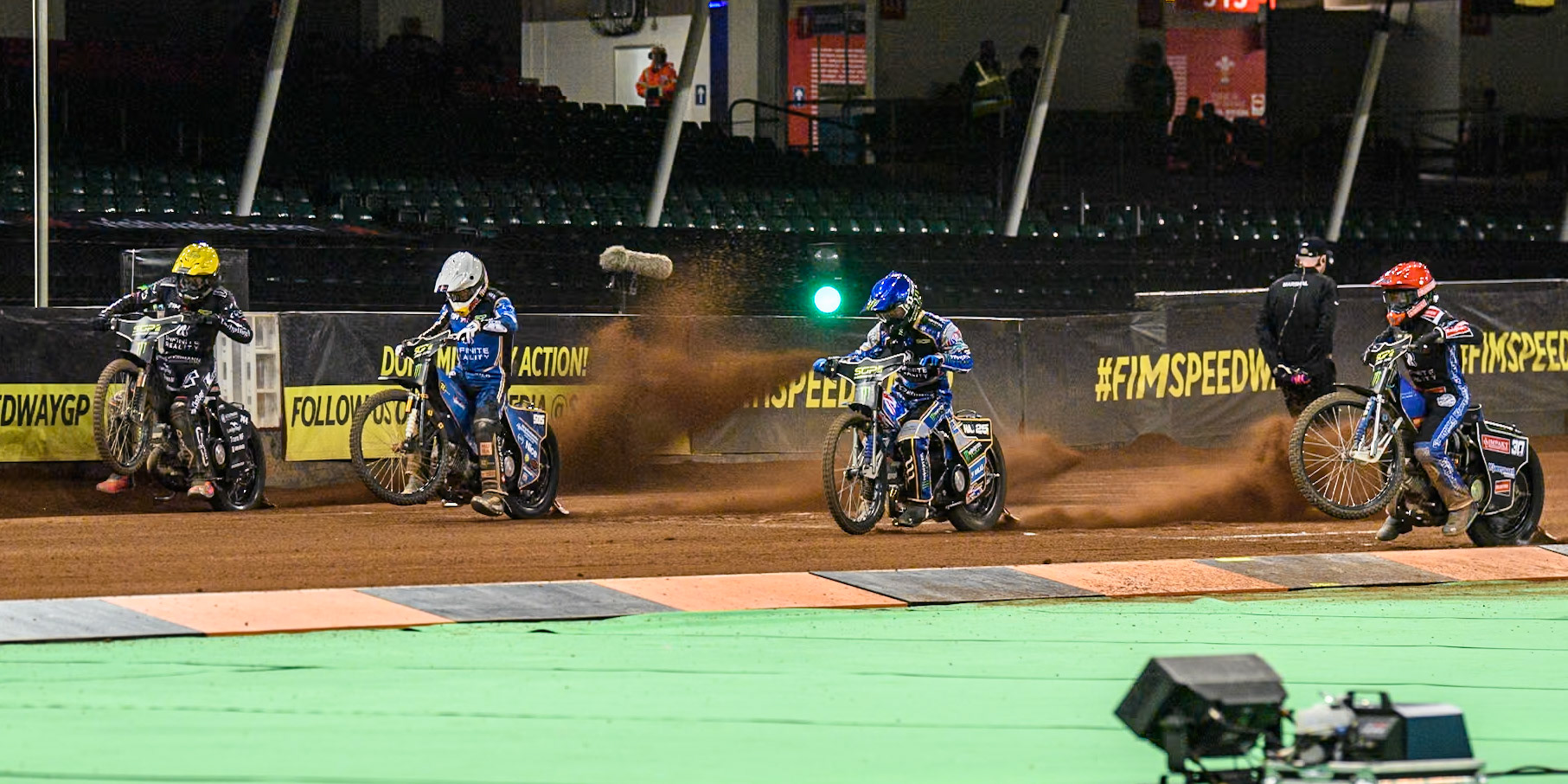 (L to R) Kai Huckenbeck (744) of Germany in Yellow, Robert Lambert (505) of Great Britain in White, Jack Holder (25) of Australia in Blue and Leon Madsen (30) of Denmark in Red during the FIM Speedway Grand Prix of Great Britain at The Principality Stadium, Cardiff on Saturday 17th August 2024. (Photo: Ian Charles | MI News)
