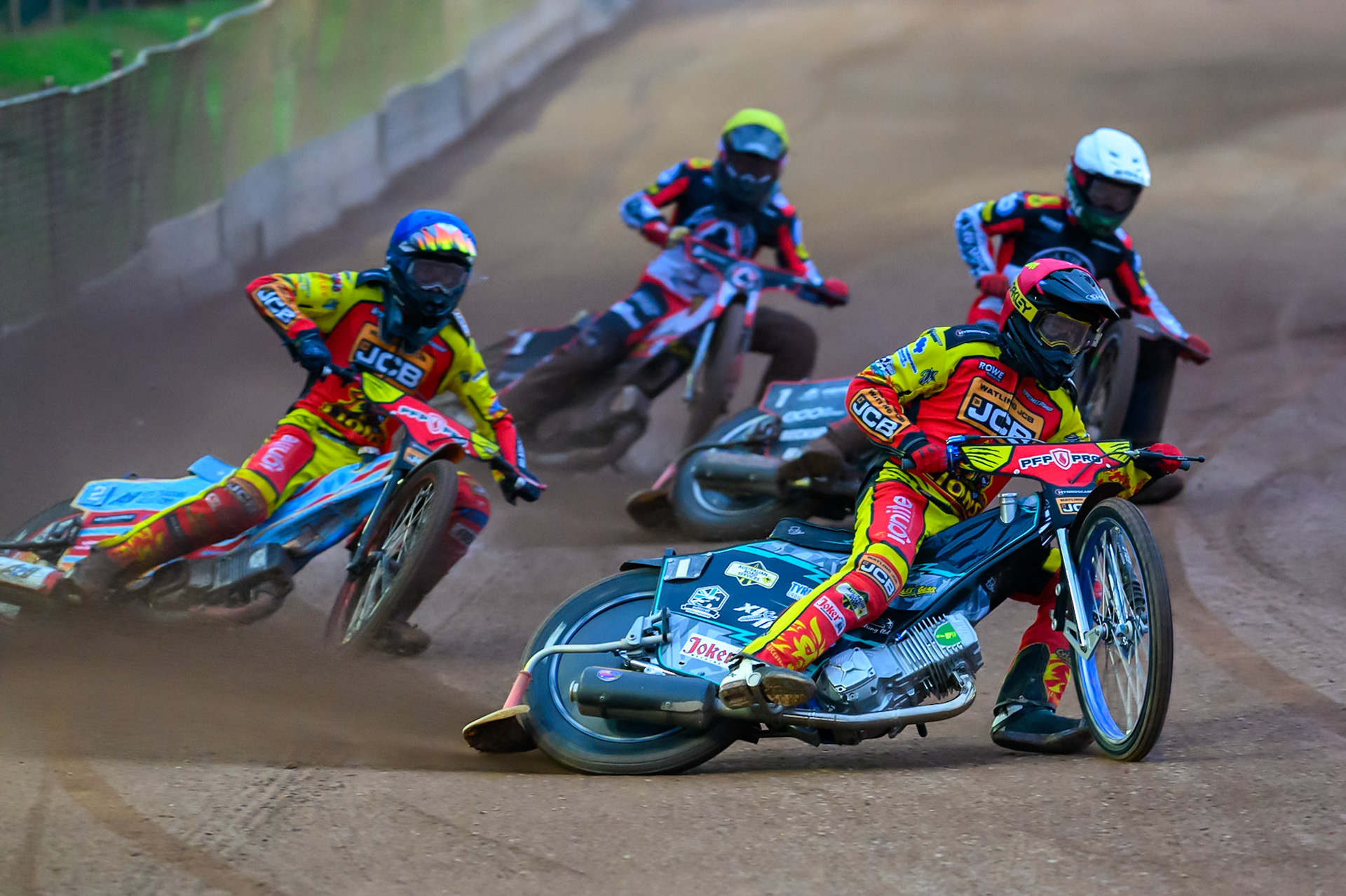 Ryan Douglas of Leicester Lions in Red leading Drew Kemp of Leicester Lions  in Blue Brady Kurtz of Belle Vue Aces in White and Norick Blodorn of Belle Vue Aces  in Yellow during the Rowe Motor Oil Premiership match between Leicester Lions and Belle Vue Aces at the Hydroscan Arena, Leicester on Monday 7th September 2026. (Photo: Ian Charles | MI News)