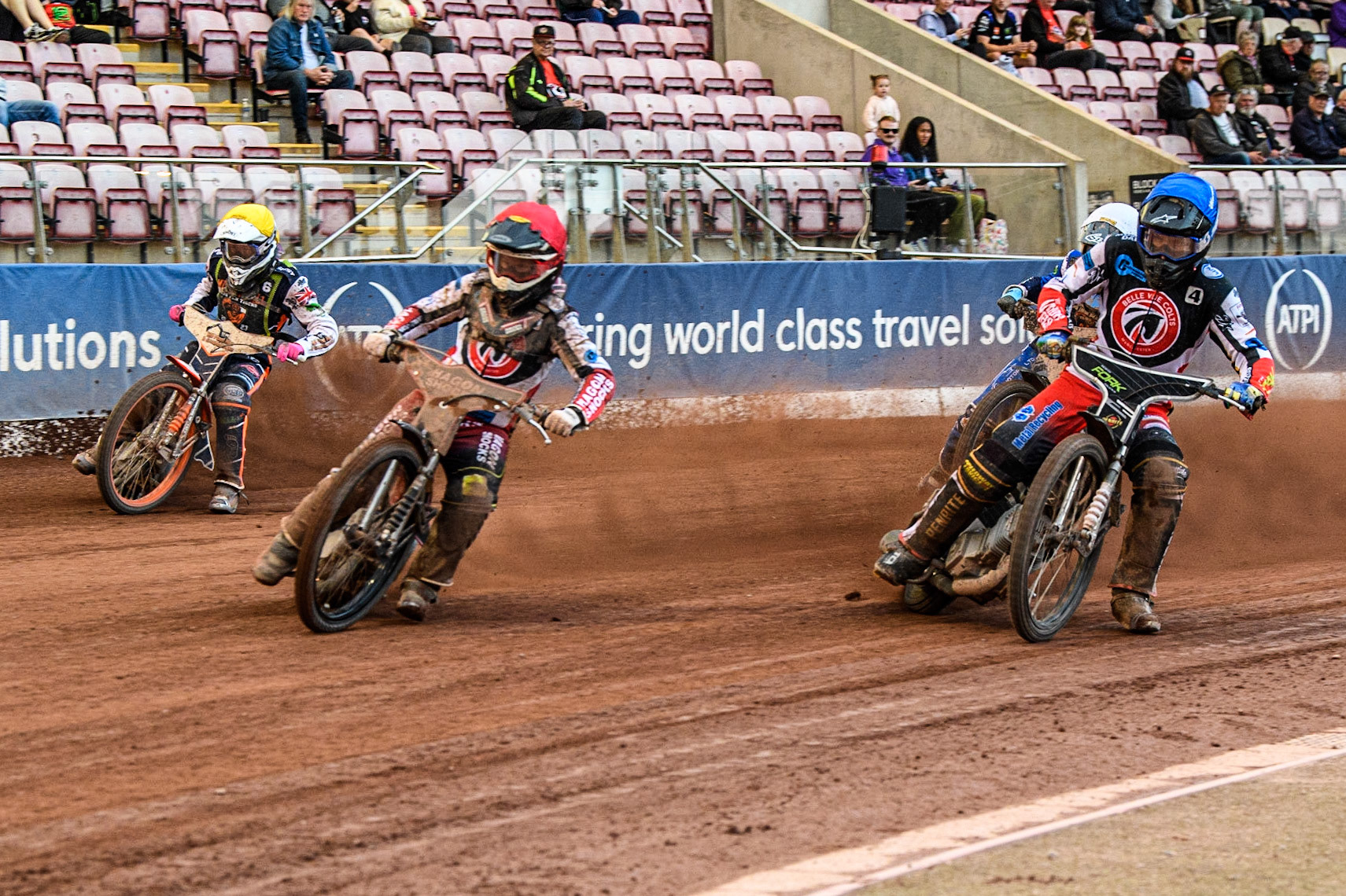 Sam Hagon (Red) and Matt Marson (Blue) lead Sam McGurk (White) and William Richardson (Yellow) during the National Development League match between Belle Vue Colts and Mildenhall Fens Tigers at the National Speedway Stadium, Manchester on Friday 26th May 2023. (Photo: Ian Charles | MI News)