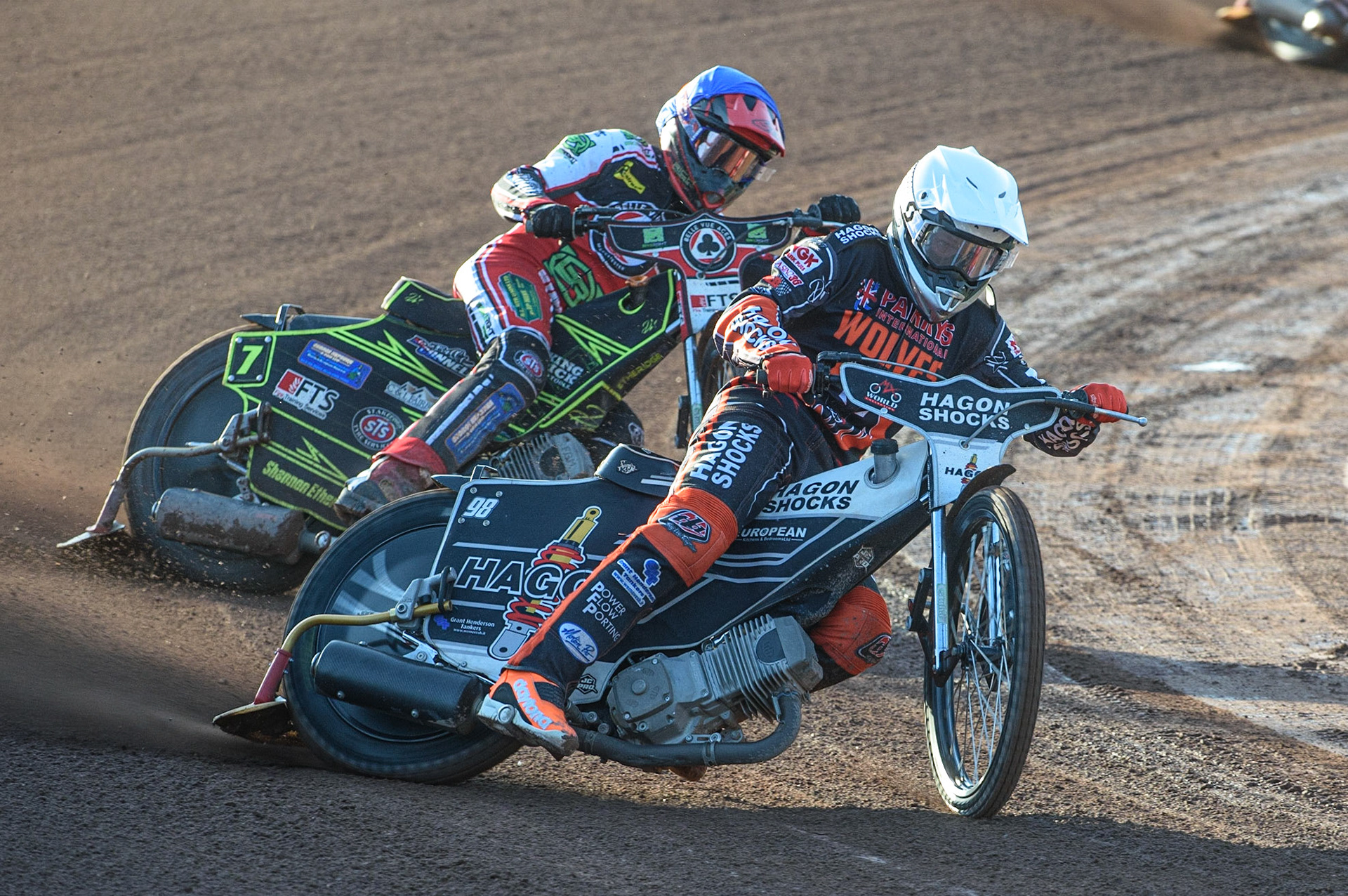 MANCHESTER, UK. JULY 15TH   Broc Nicol  (White) leads Jye Etheridge  (Blue) during the SGB Premiership match between Belle Vue Aces and Wolverhampton Wolves at the National Speedway Stadium, Manchester on Thursday 15th July 2021. (Credit: Ian Charles | MI News)