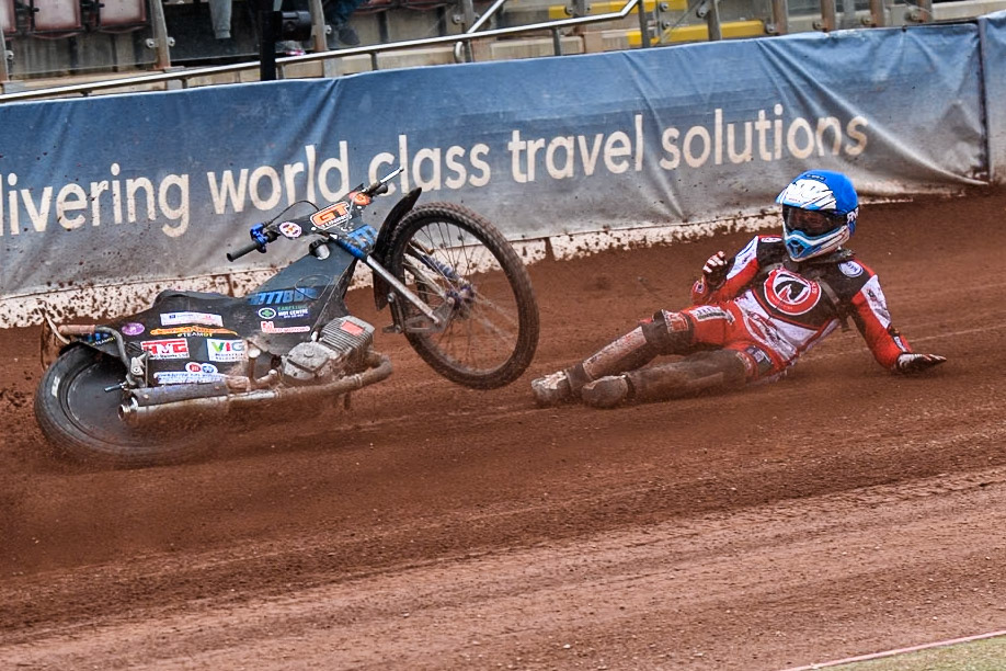 Belle Vue Colts' Billy Budd rears at the start between Leicester Lion Cubs' Guest Rider Darryl Ritchings in White and Leicester Lion Cubs' Sonny Springer in Yellow during the WSRA National Development League match between Belle Vue Colts and Leicester Lion Cubs at the National Speedway Stadium, Manchester on Friday 18th April 2025. (Photo: Ian Charles | MI News)