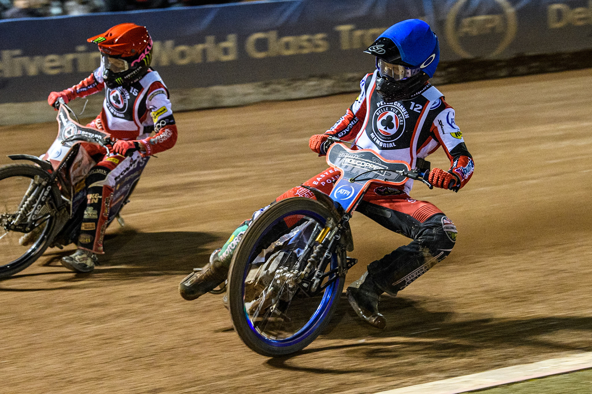 Australia's Brady Kurtz (Blue) inside England's Dan Bewley (Red) in the final during the Peter Craven Memorial Trophy meeting at the National Speedway Stadium, Manchester on Monday 18th March 2024. (Photo: Ian Charles | MI News)