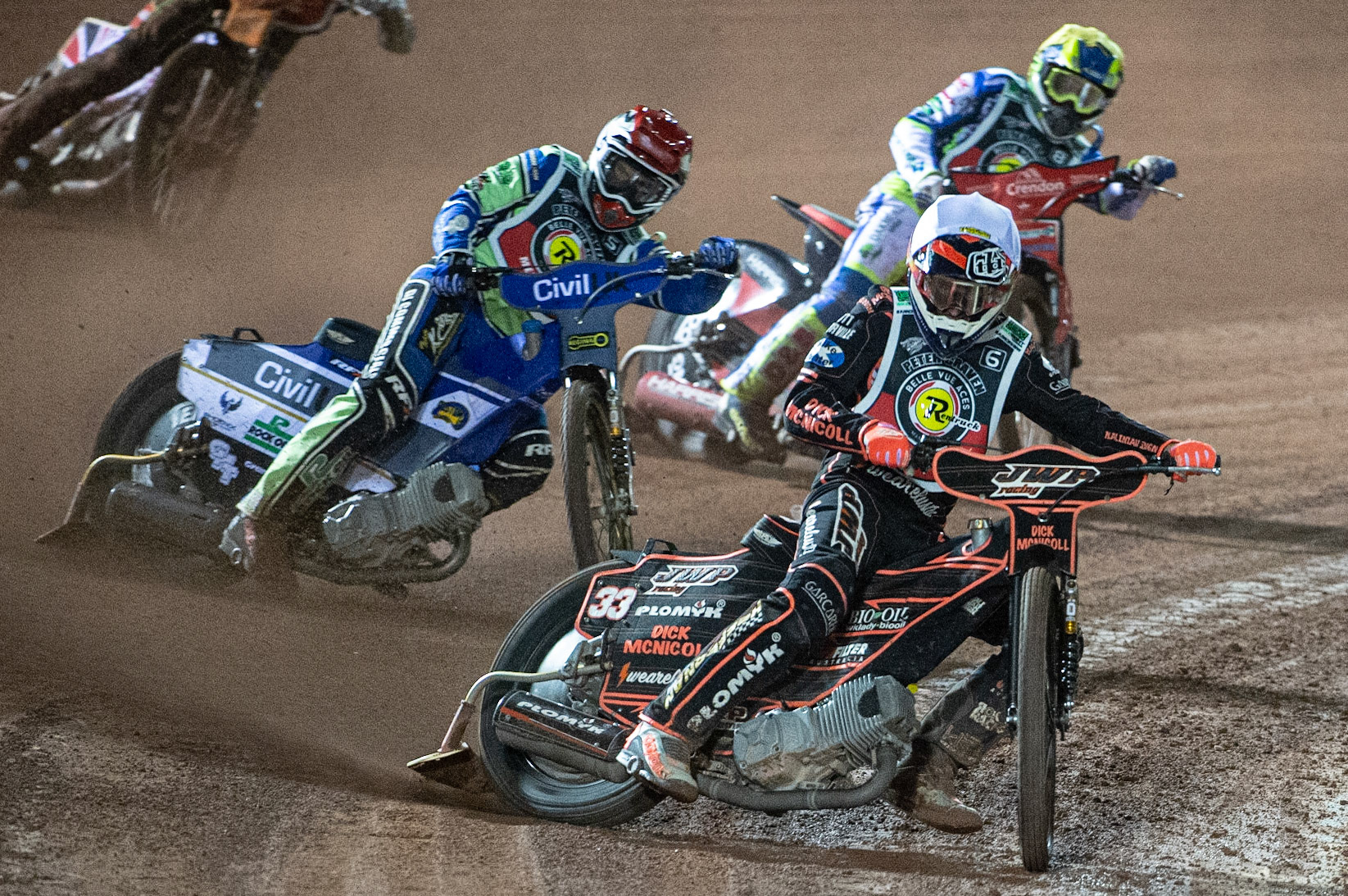 Photo: Ian CharlesSam Masters (White) leads Richie Worrall (Red) with Chris Harris (Yellow) behind Peter Craven Memorial Trophy, National Speedway Stadium, Manchester Thursday  22  October  2020