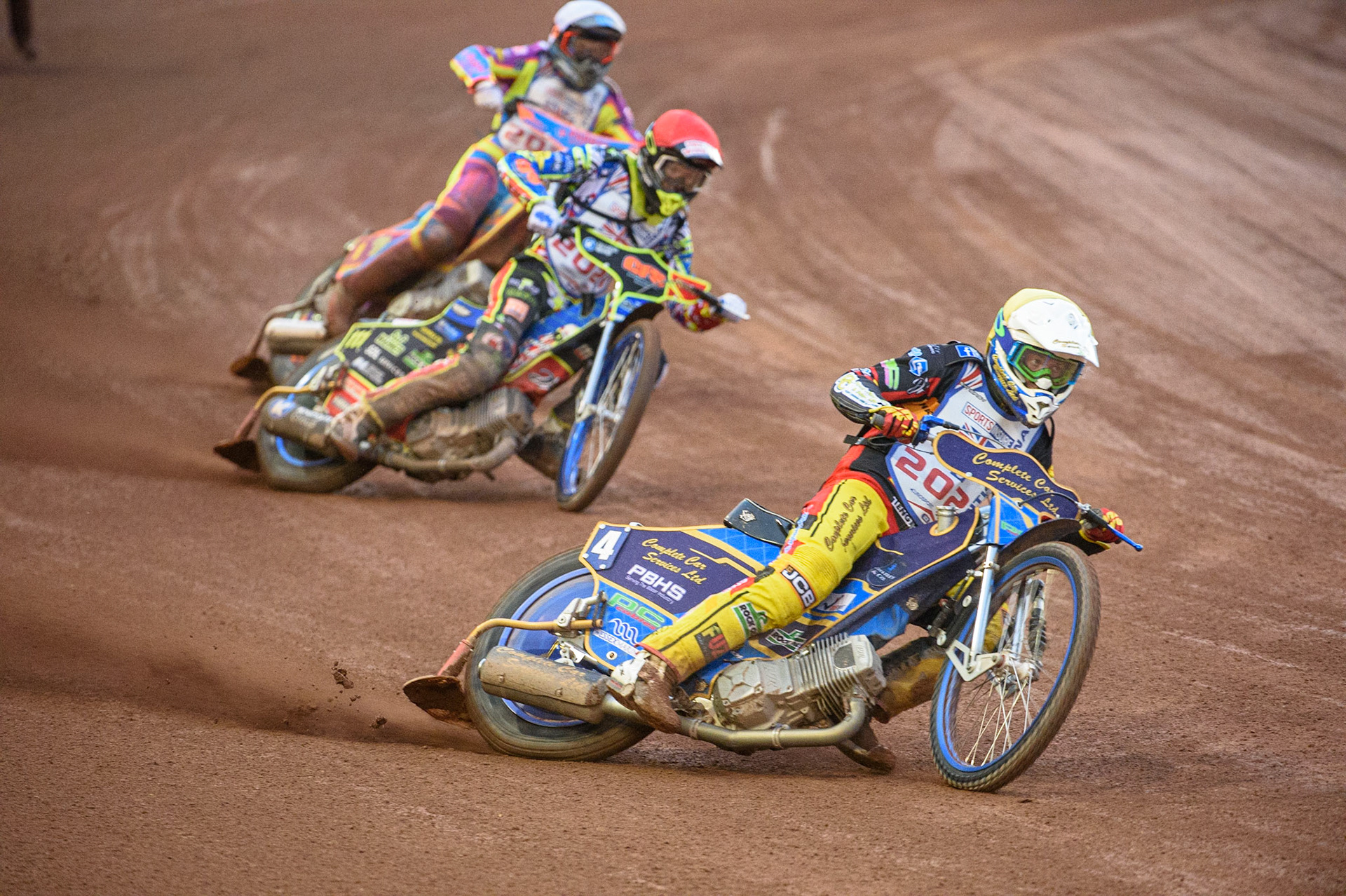 MANCHESTER, UK. AUGUST 16TH   Kyle Howarth  (Yellow) leads Anders Rowe  (Red) and Rory Schlein  (White) during the Sports Insure British Speedway Finals at the National Speedway Stadium, Manchester on Monday 16th August 2021. (Credit: Ian Charles | MI News)