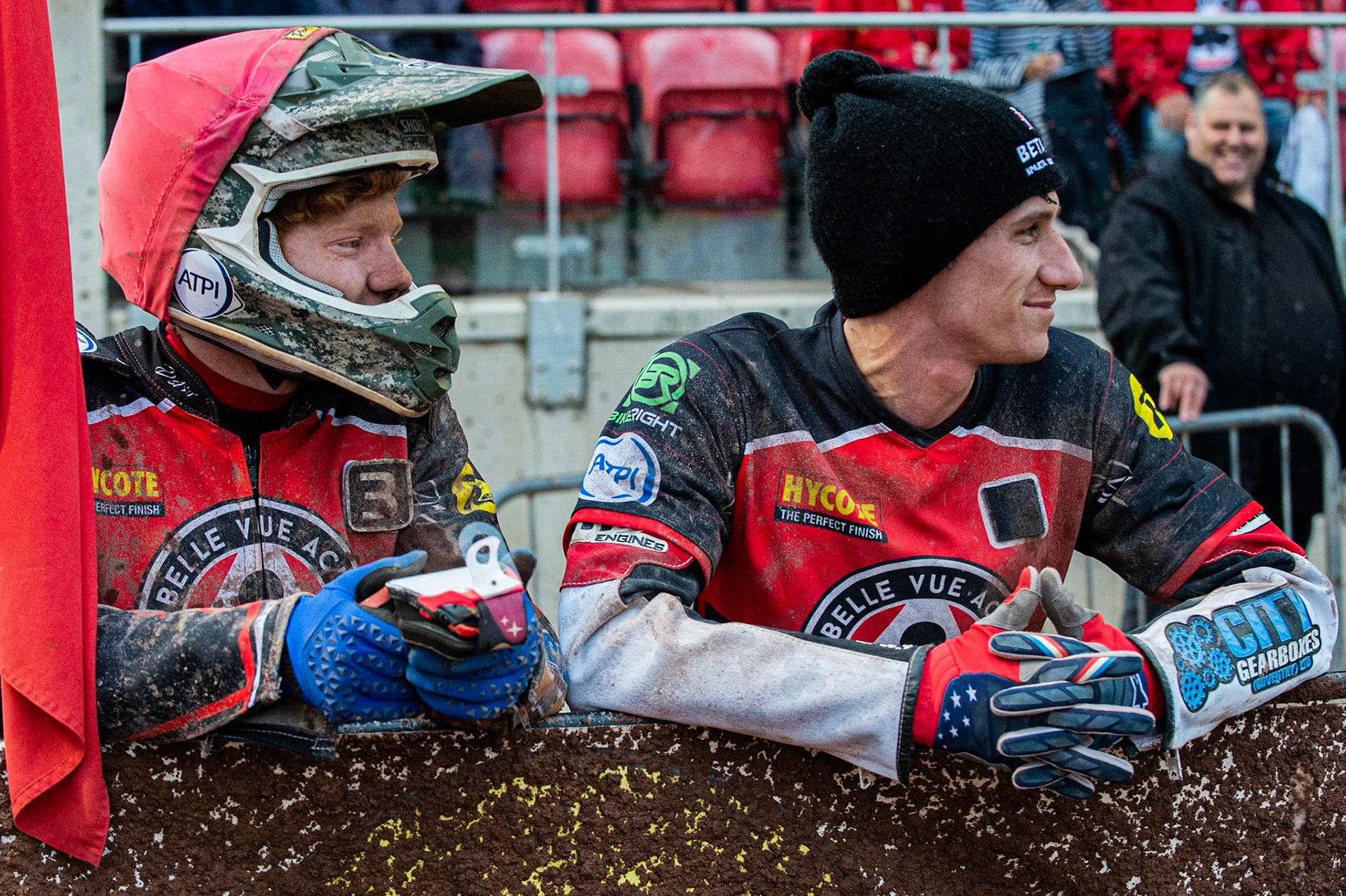 Photo by Ian Charles:

Max Fricke  (left) and Dan Bewley  watch the track prep

Belle Vue Aces v Peterborough Panthers, British Speedway Premiership, National Speedway Stadium, Manchester, Thursday, 13, June, 2019