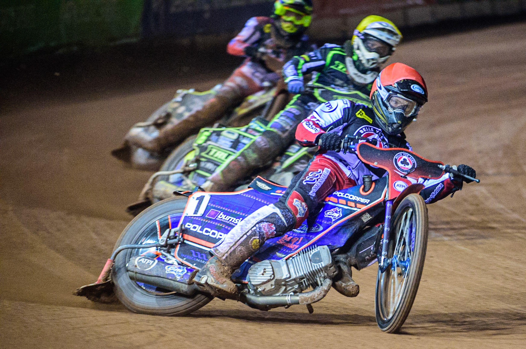 Brady Kurtz  (Red) leads Paul Starke  (Yellow) and Tom Brennan  (Blue) during the SGB Premiership Semi Final 2nd Leg between Belle Vue Aces and Ipswich Witches at the National Speedway Stadium, Manchester on Monday 3rd October 2022. (Credit: Ian Charles | MI News)