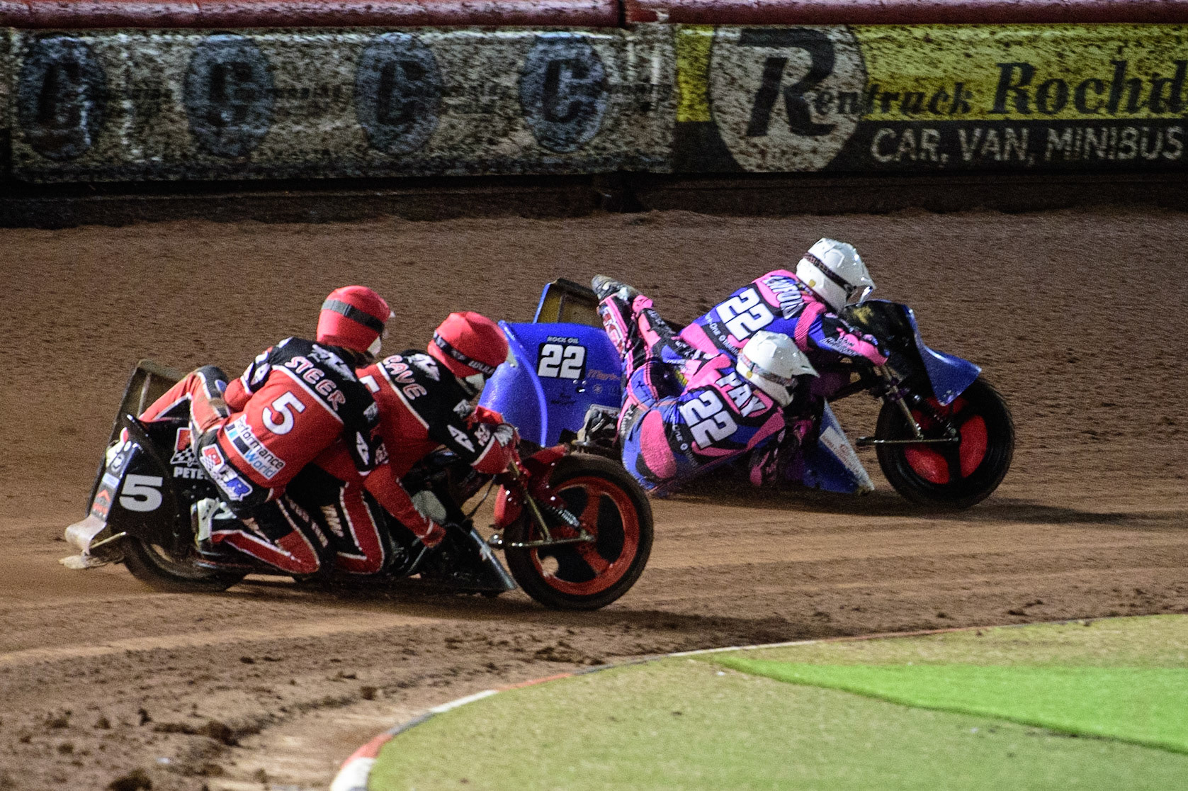 MANCHESTER, UK. OCT 30TH   Mick Cave &amp; Bradley Steer (Red) chase Will Penfold &amp; Ricky Pay (White) during the Manchester Masters Sidecar Speedway and Flat Track Racing at the National Speedway Stadium, Manchester on Saturday 30th October 2021. (Credit: Ian Charles | MI News)