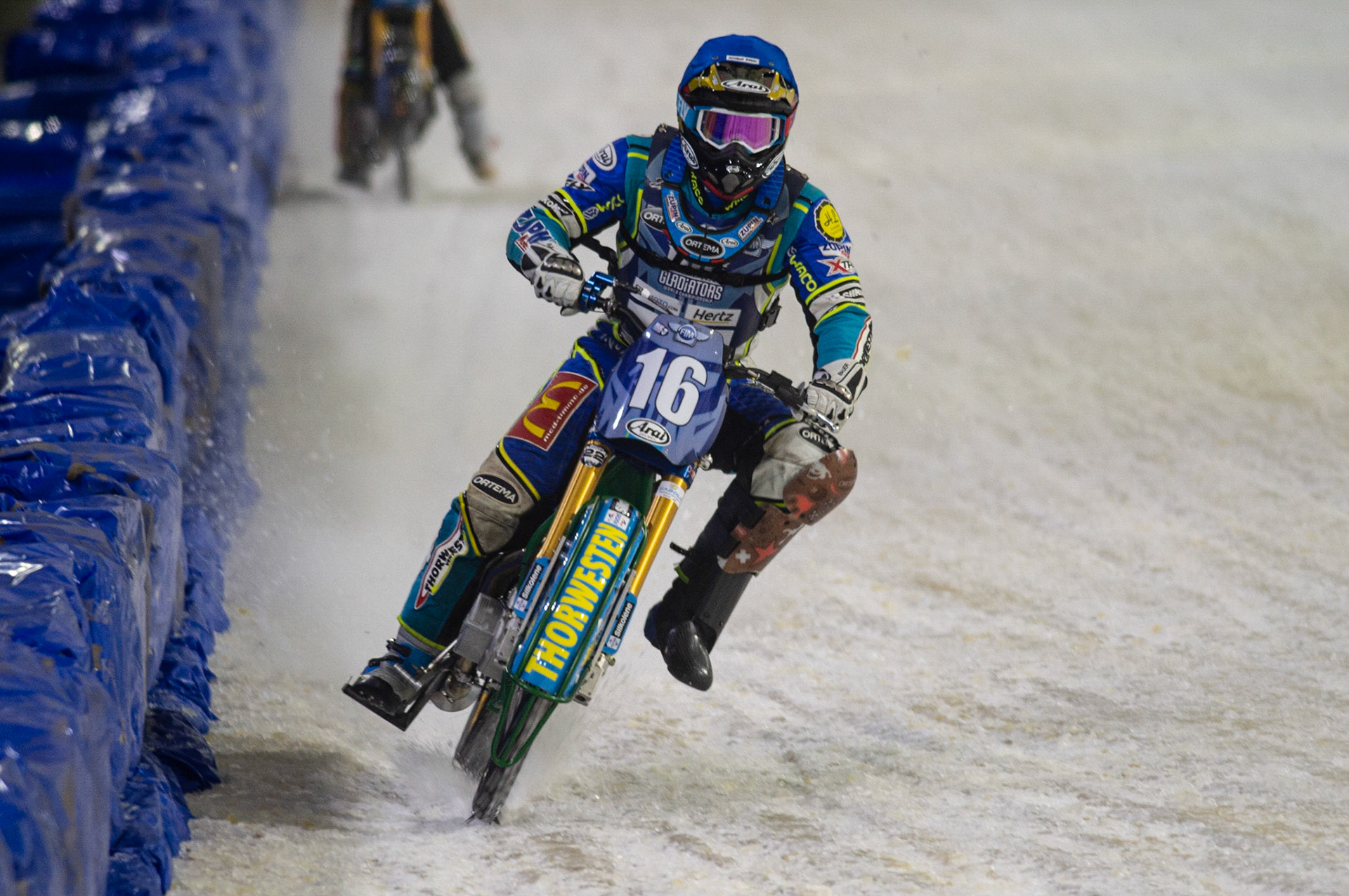 HEERENVEEN, NL. Luca Bauer (16) in action during the FIM Ice Speedway Gladiators World Championship Final 3 at Ice Rink Thialf, Heerenveen on Saturday  2 April 2022. (Credit: Ian Charles | MI News)