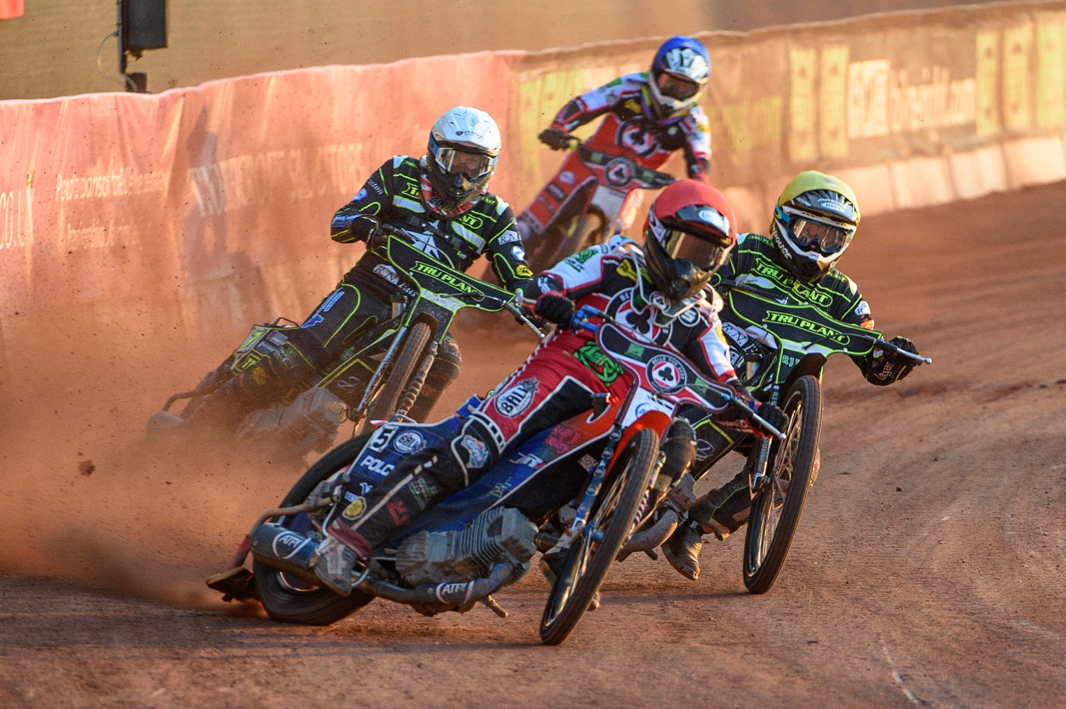 MANCHESTER UKBrady Kurtz   (Red) leads Danny King  (Yellow) and Craig Cook   (White) with Tom Brennan (Blue) behind during the SGB Premiership match between Belle Vue Aces and Ipswich Witches at the National Speedway Stadium, Manchester on Monday 2nd August 2021. (Credit: Ian Charles | MI News)