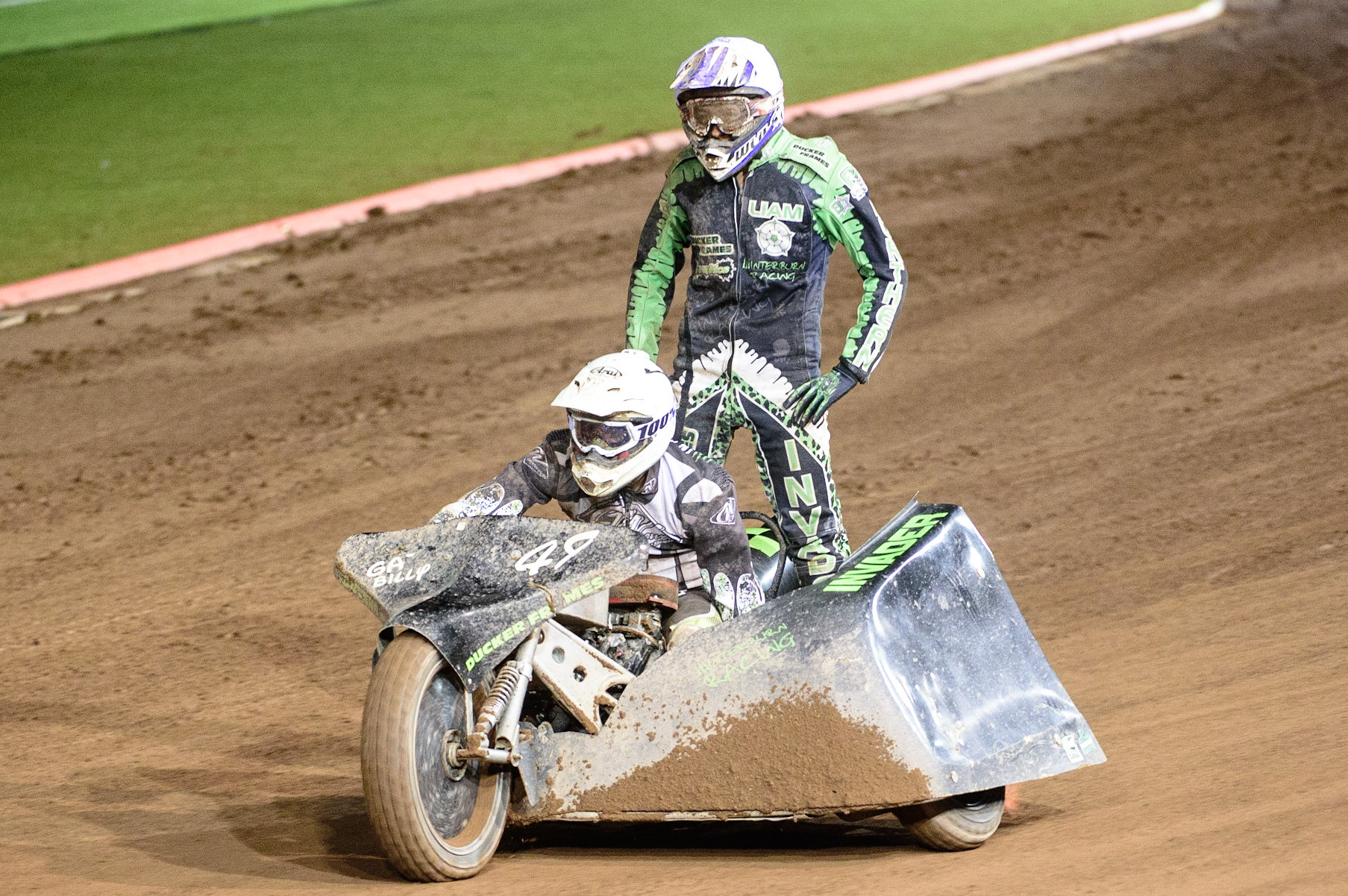 MANCHESTER, UK. OCT 30TH   Gareth Winterburn &amp; Bradley Atkinson  after their heat during the Manchester Masters Sidecar Speedway and Flat Track Racing at the National Speedway Stadium, Manchester on Saturday 30th October 2021. (Credit: Ian Charles | MI News)