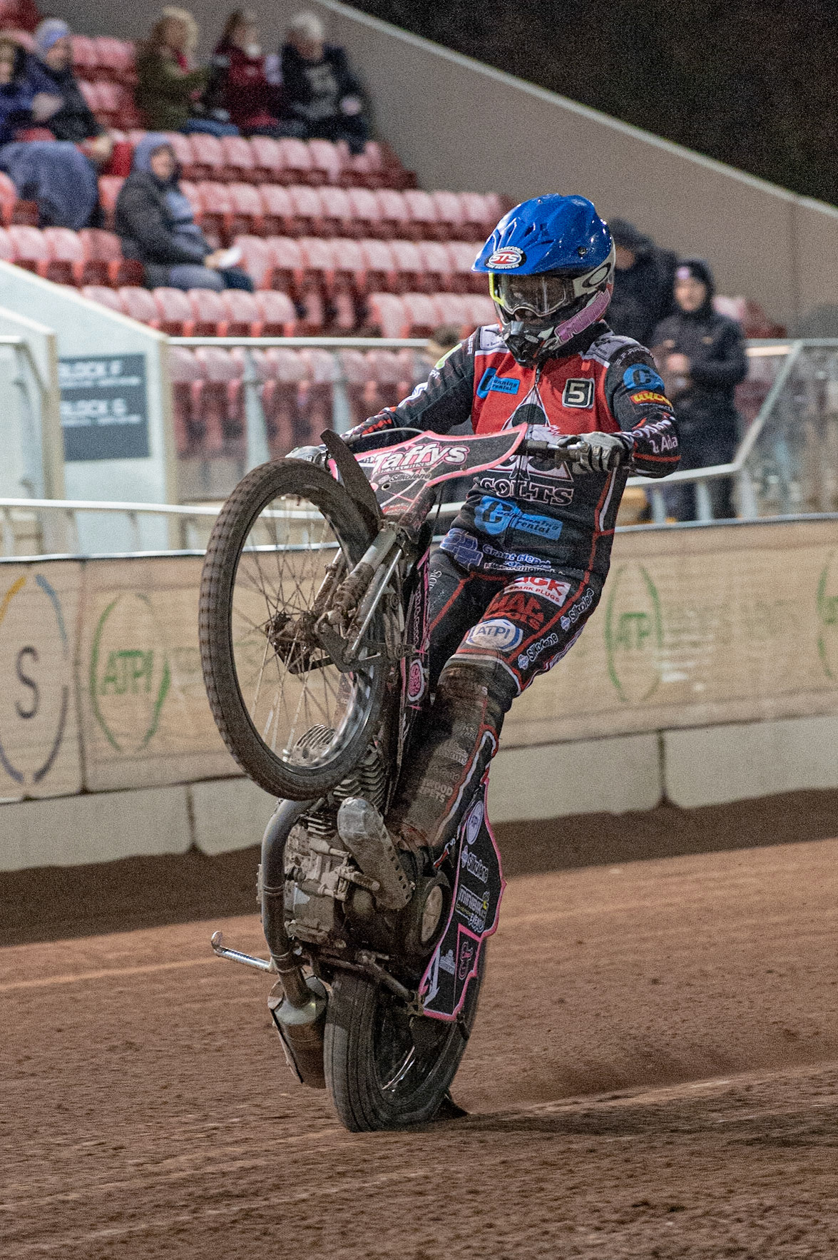 Photo: Ian Charles

Leon Flint  pulls a wheelie to finish of the Colts season

Belle Vue Colts v Leicester Lion Cubs, SGB National League KO Cup Final (2nd Leg), Belle Vue National Speedway Stadium, Manchester, Tuesday 29  October  2019