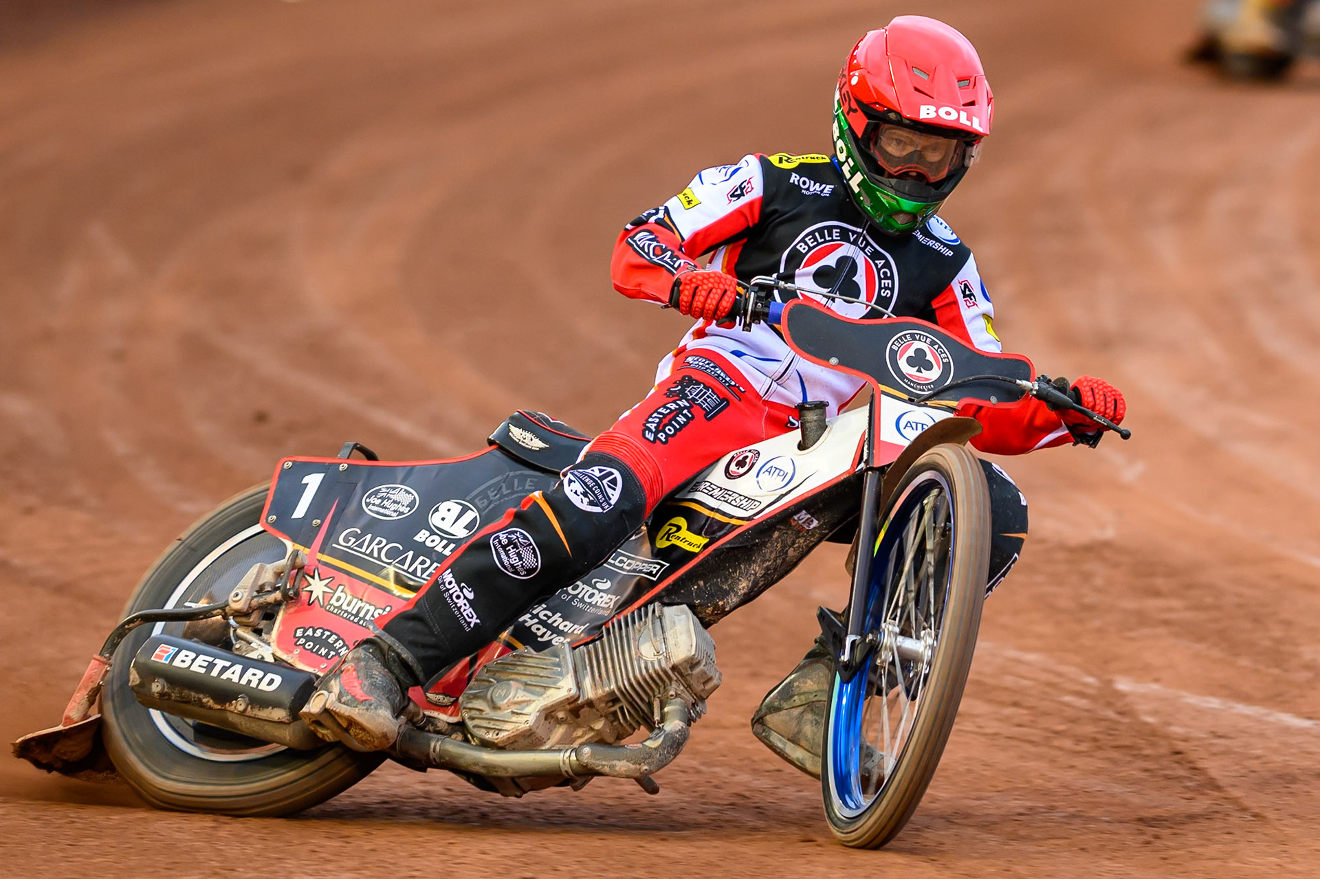 Belle Vue Aces' Brady Kurtz  in action during the Rowe Motor Oil Premiership match between Belle Vue Aces and Birmingham Brummies at the National Speedway Stadium, Manchester on Monday 7th July 2025. (Photo: Ian Charles | MI News)