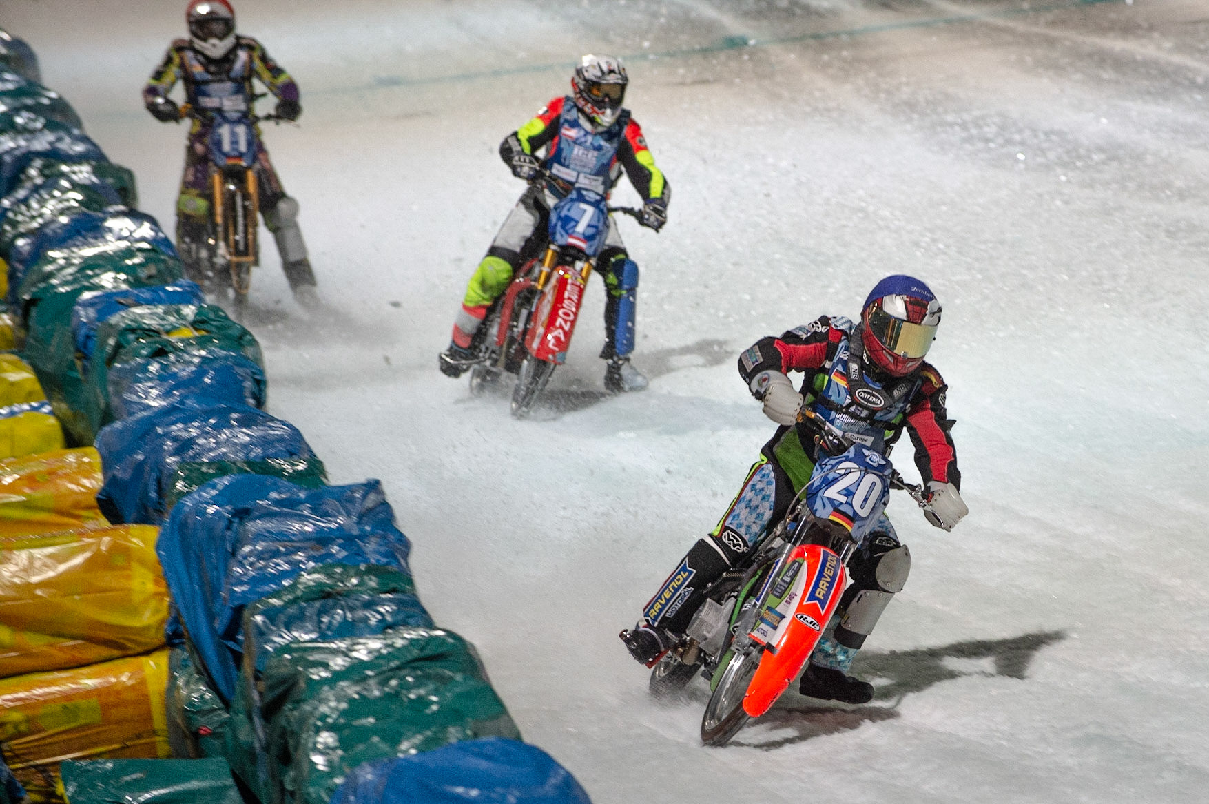 BERLIN GERMANY  - February 29 Johan Weber (Blue) leads Harald Simon (White) and Max Neidermaier (Red)   during theIce Speedway of Nations (Day 1) at the Horst-Dohm-Eisstadion, Berlin,  on Saturday 29 February 2020. (Credit: Ian Charles | MI News)