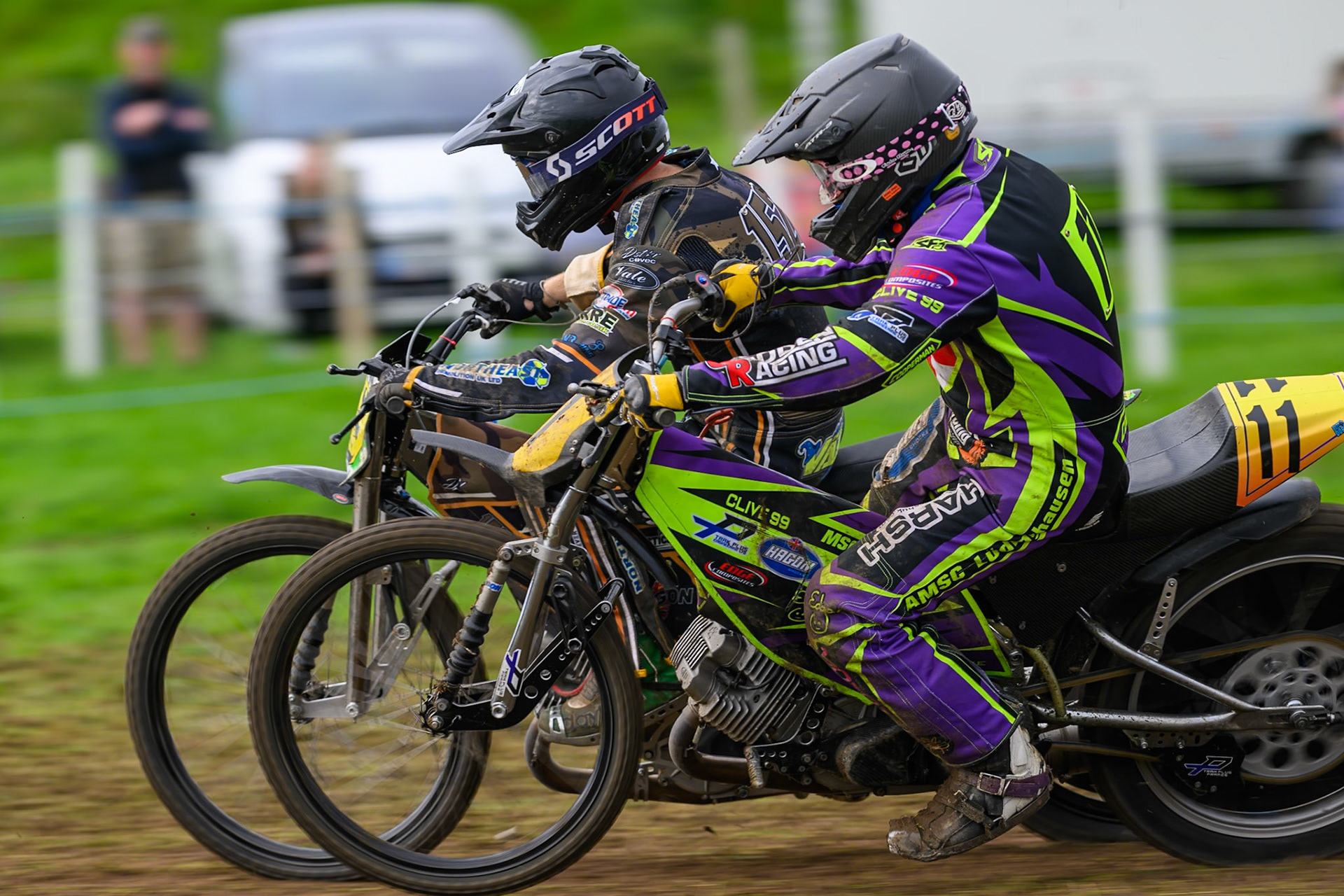 British Masters (Solos): Paul Cooper (11) on the inside of Ashton Vale (152) during the British Masters Grasstrack Championship at Lower Marsh Farm, Much Hoole, Preston in Lancashire, England on Sunday 13th September 2026. (Photo: Ian Charles | MI News)